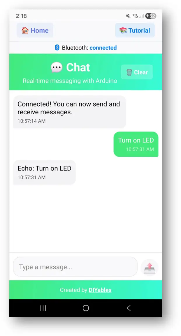 DIYables Bluetooth App - Chat Screen