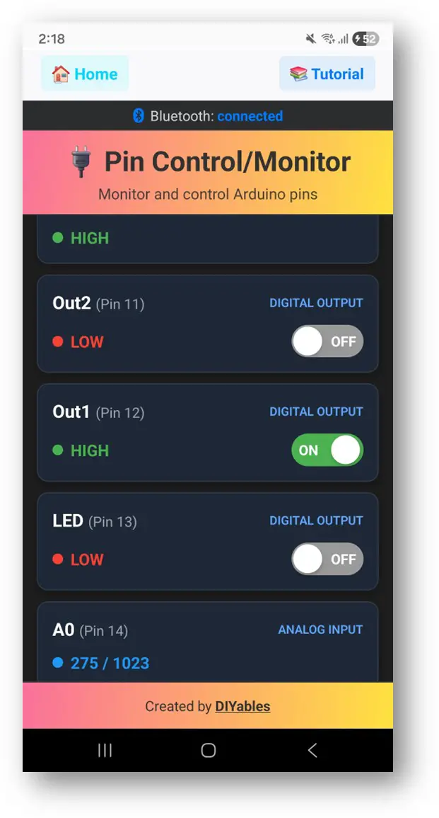 DIYables Bluetooth App - Digital Pins Screen