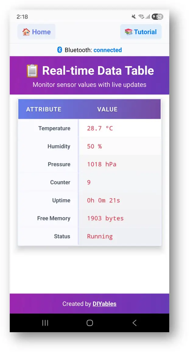 DIYables Bluetooth App - Table Screen