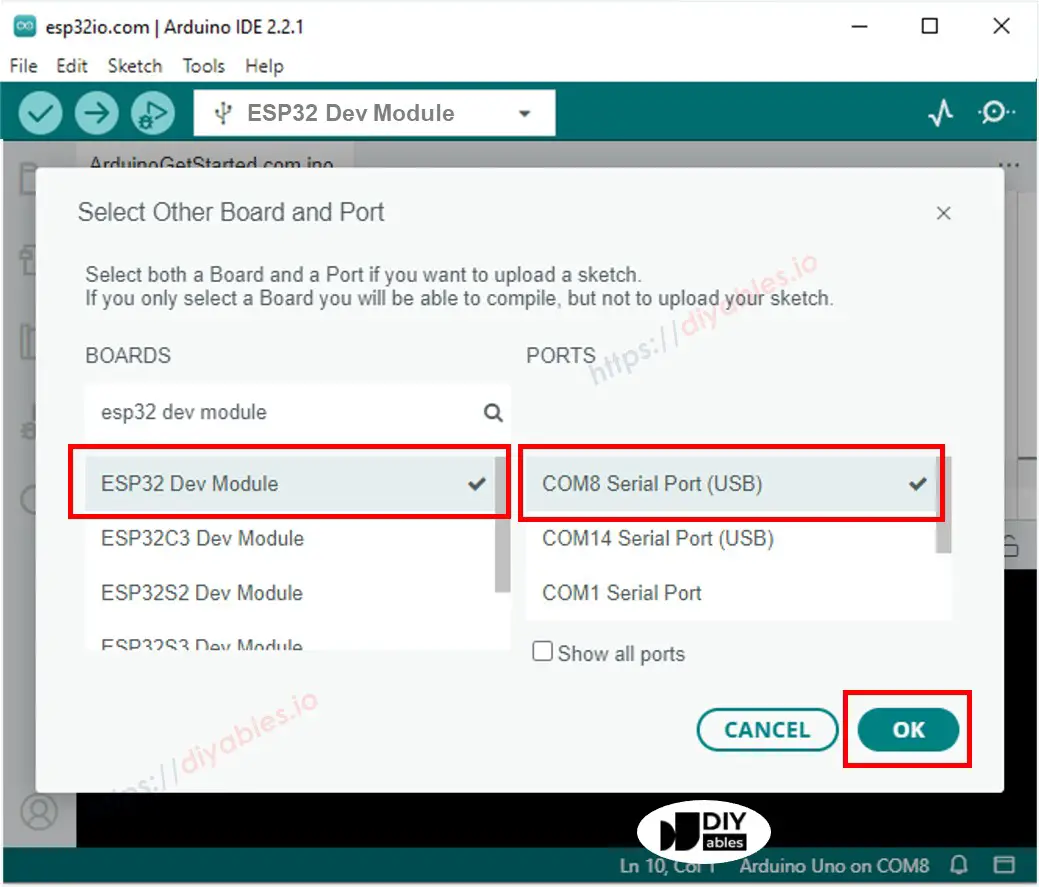ESP32 Board Selection in Arduino IDE