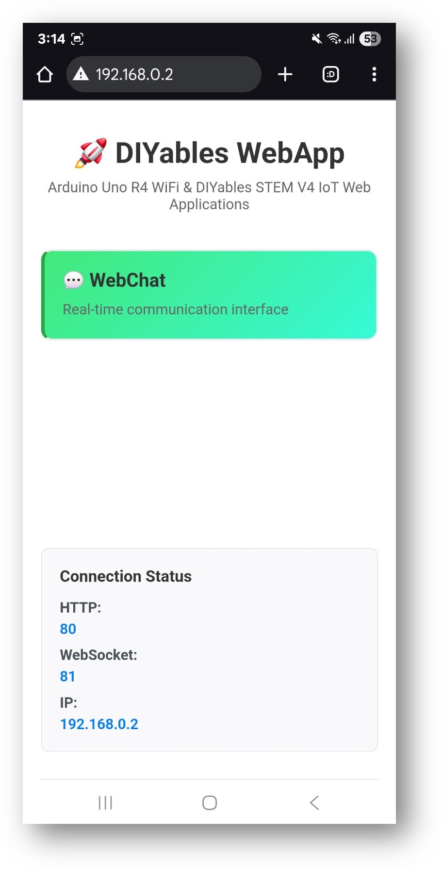 ESP32 DIYables WebApp Home page with Web Chat app