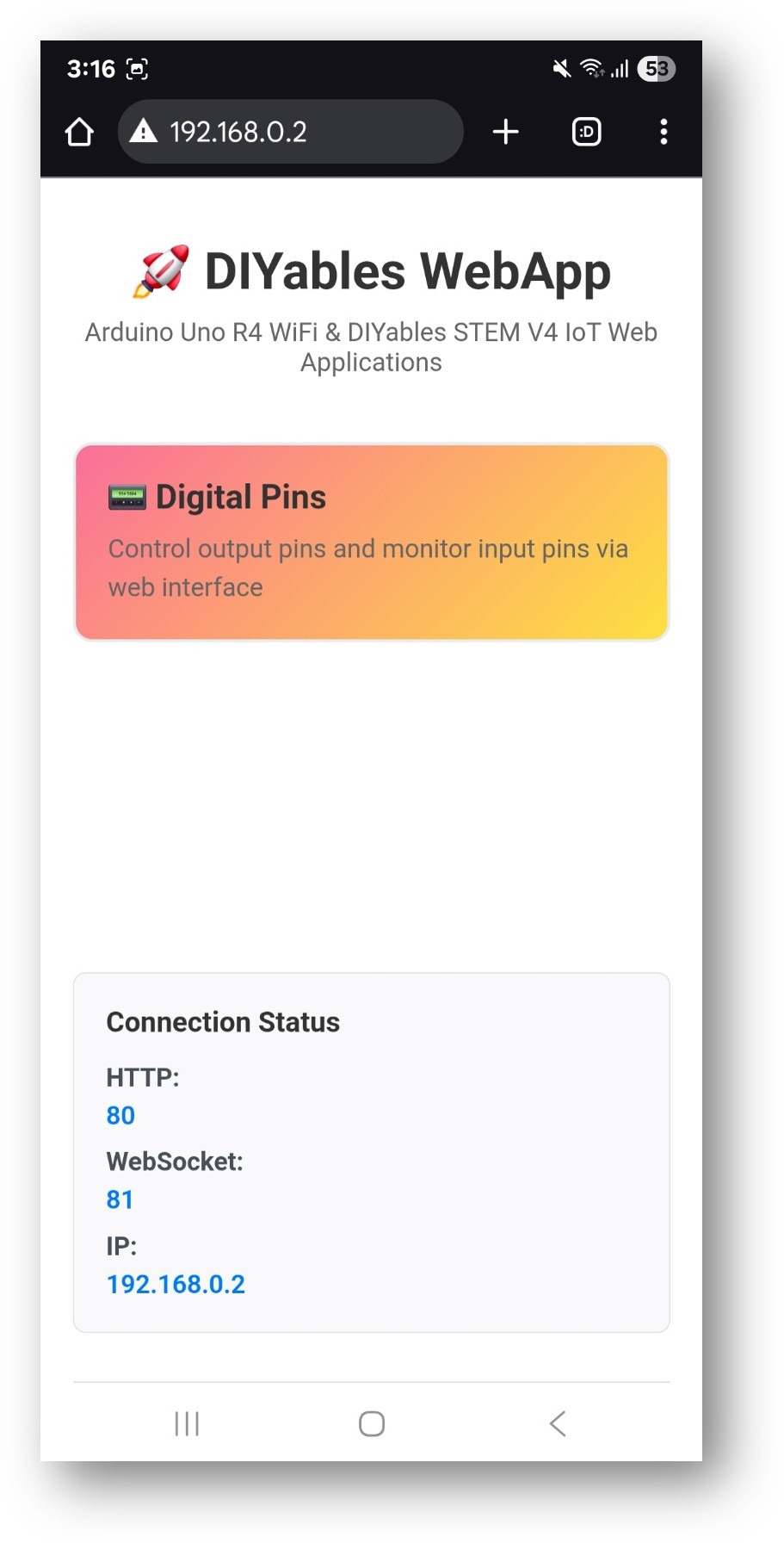 ESP32 DIYables WebApp Home page with Web Digital Pins app