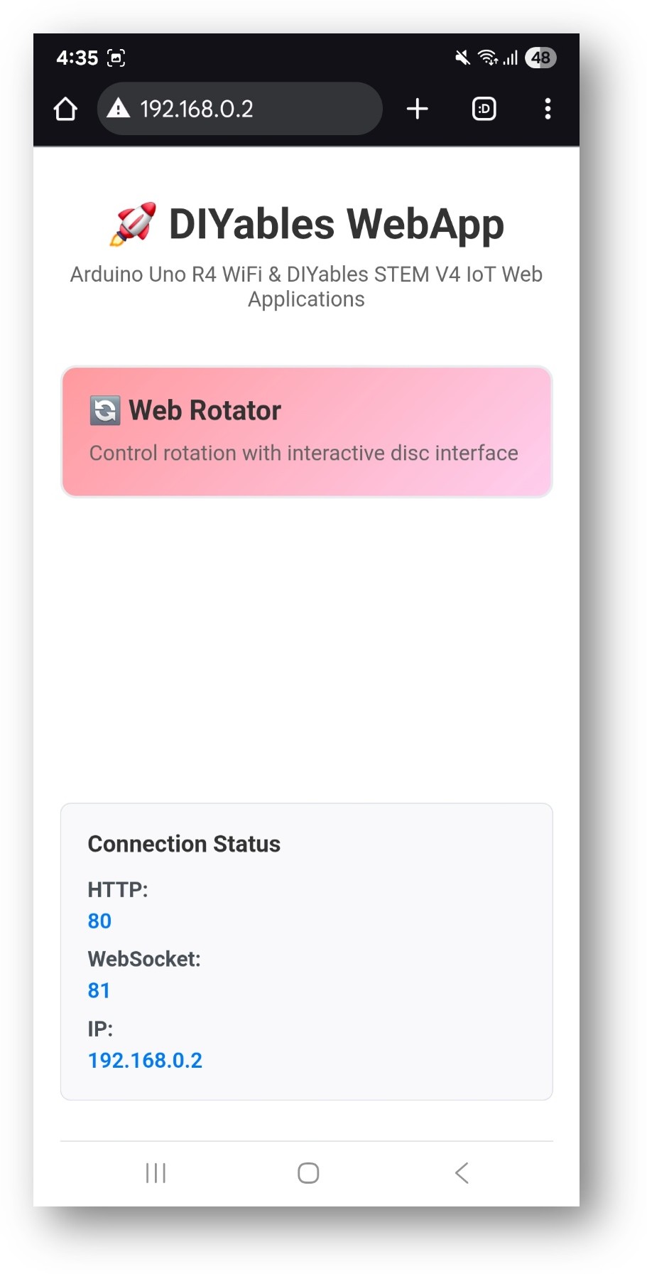 ESP32 DIYables WebApp Home page with Web Rotator app