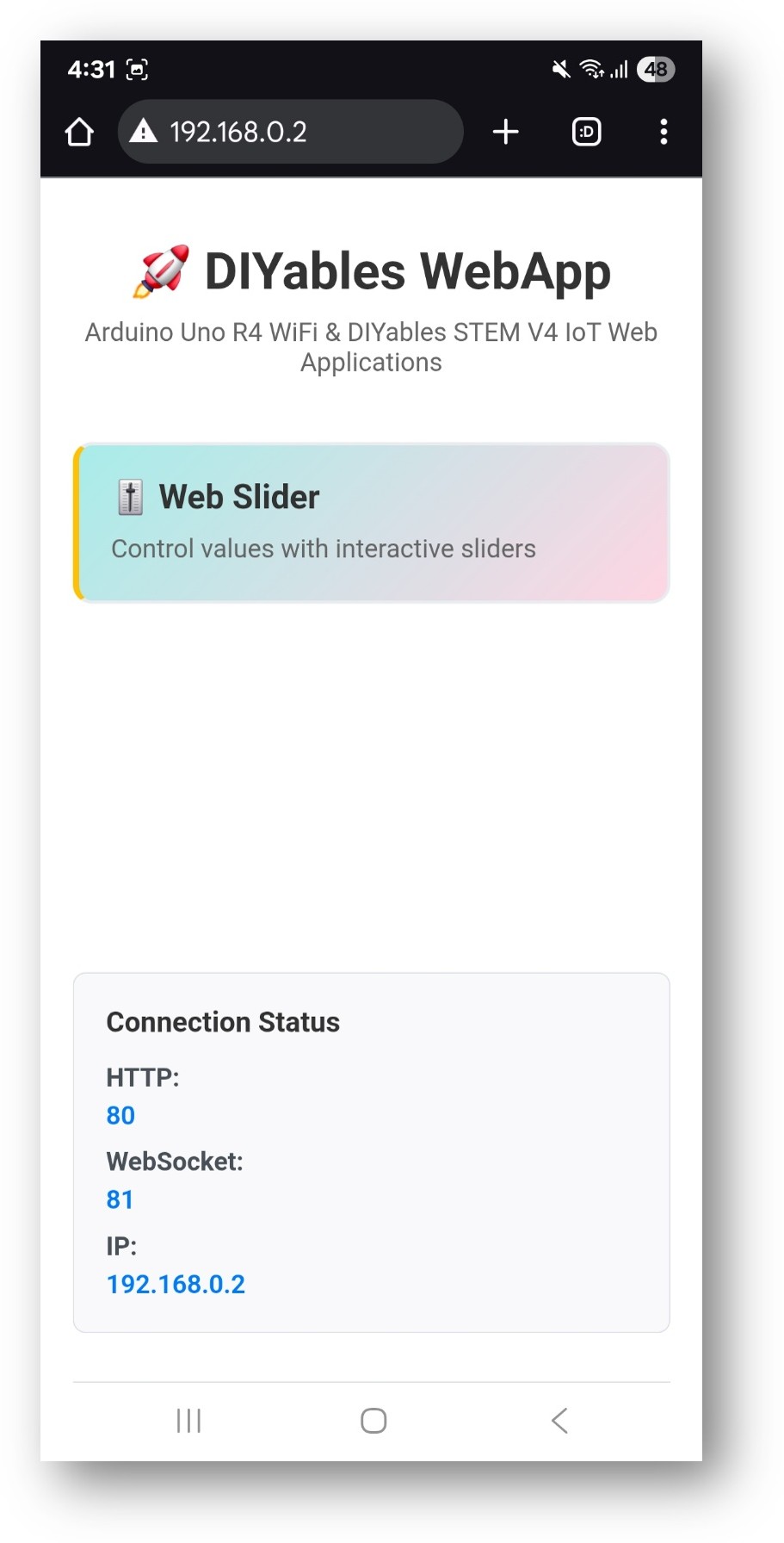 ESP32 DIYables WebApp Home page with Web Slider app