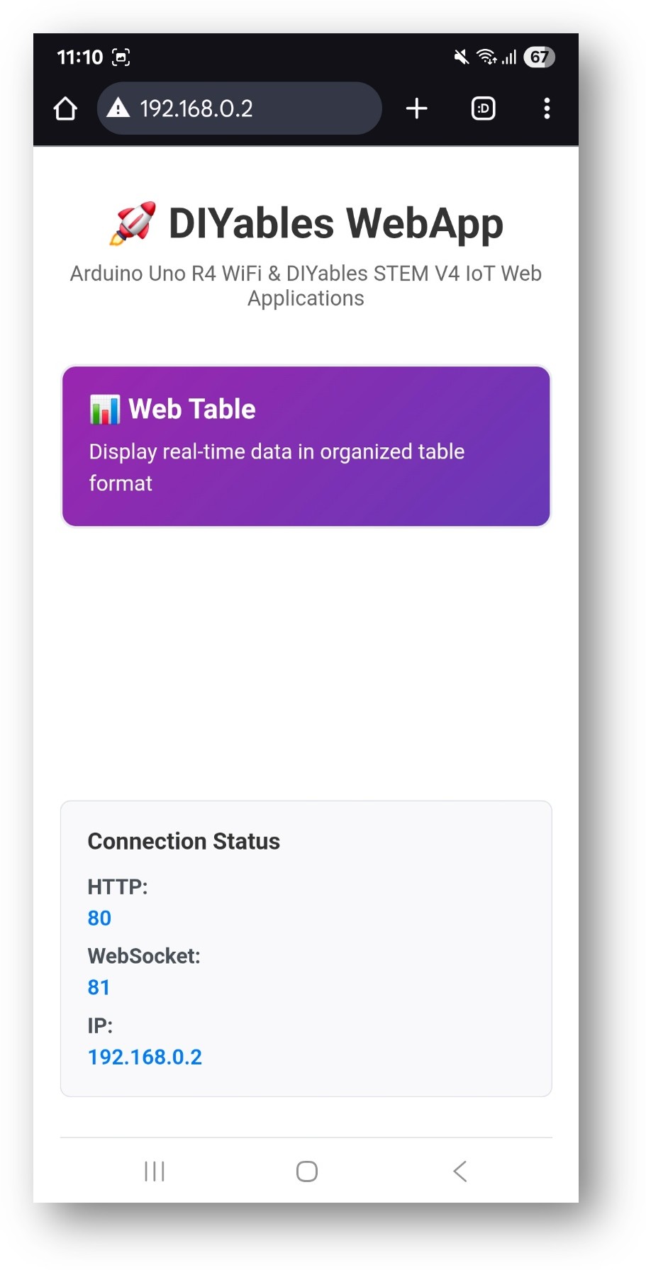 ESP32 DIYables WebApp Home page with Web Table app