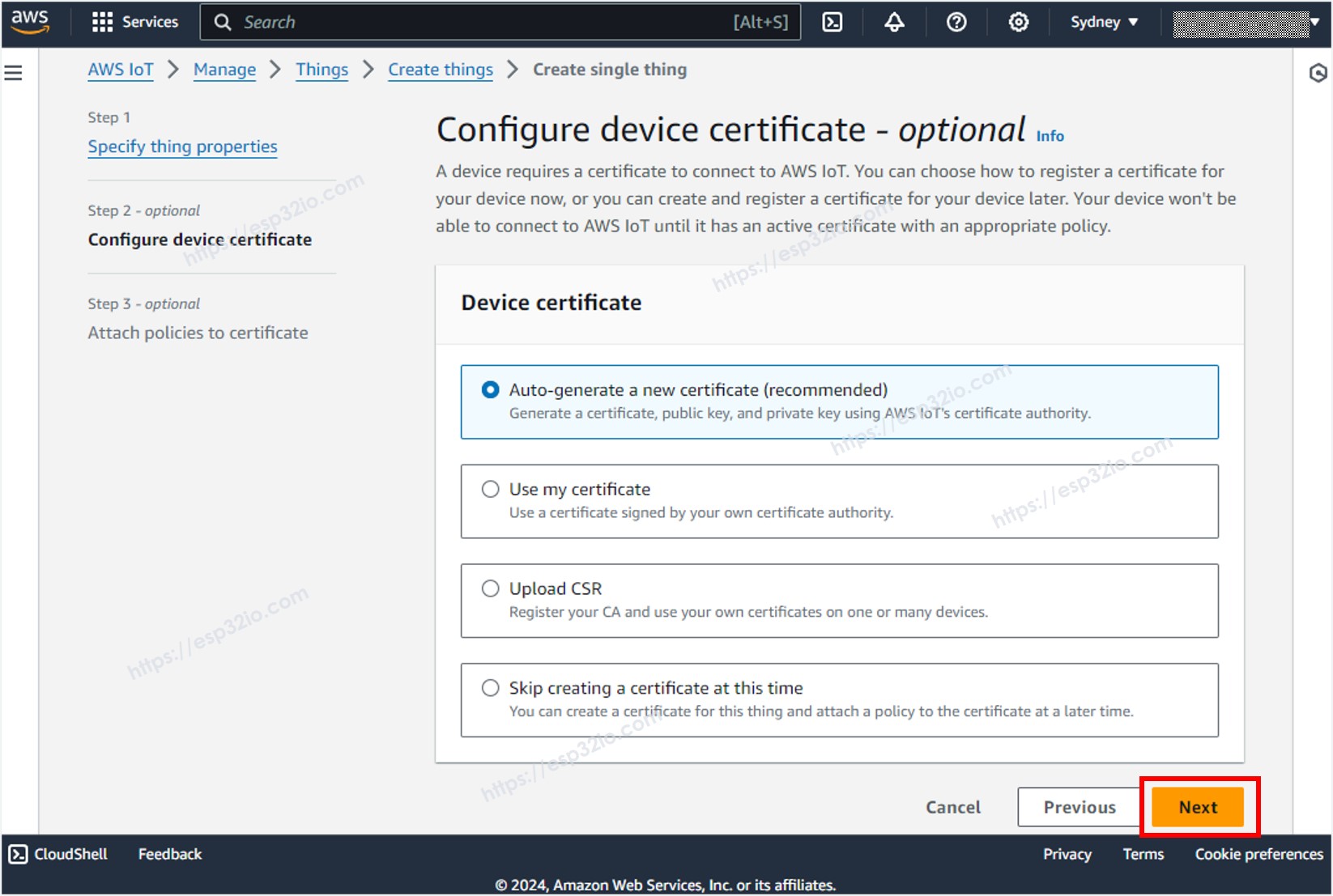 AWS IoT Core generates certificate