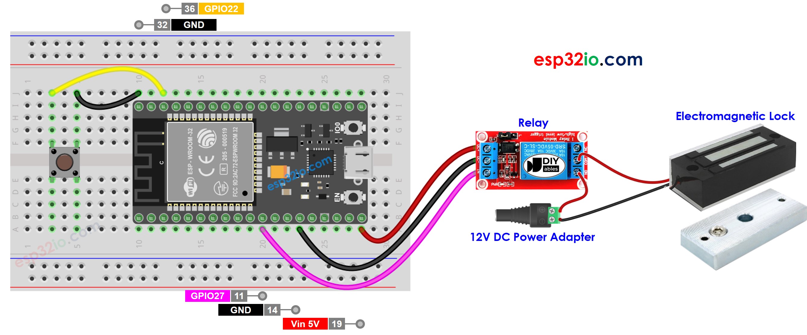 wiring diagram between esp32 button electromagnetic lock