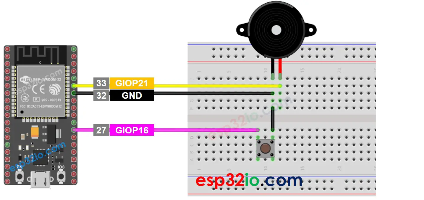 wiring diagram between esp32 button piezo buzzer
