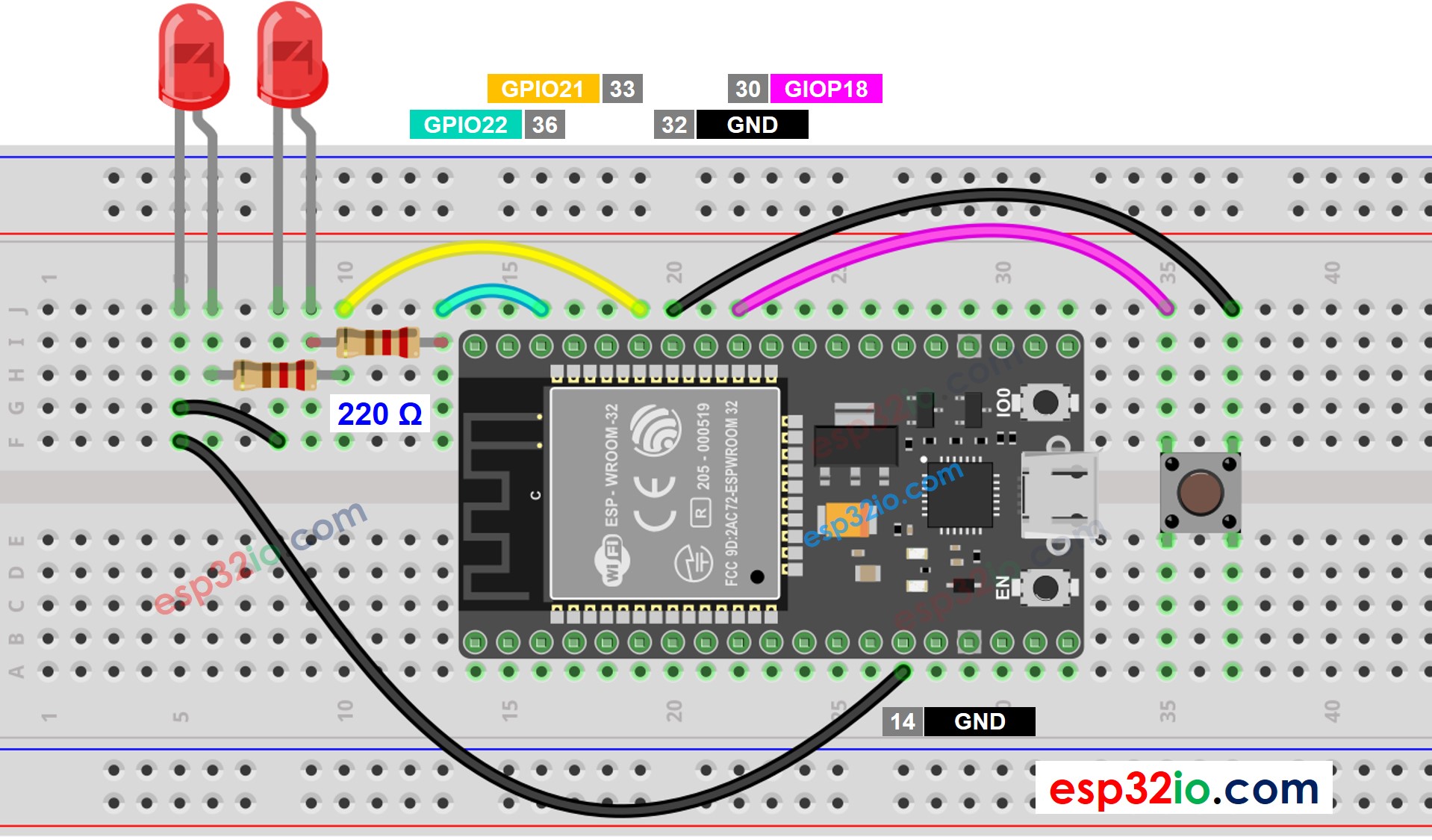 ESP32 LED two button Wiring Diagram