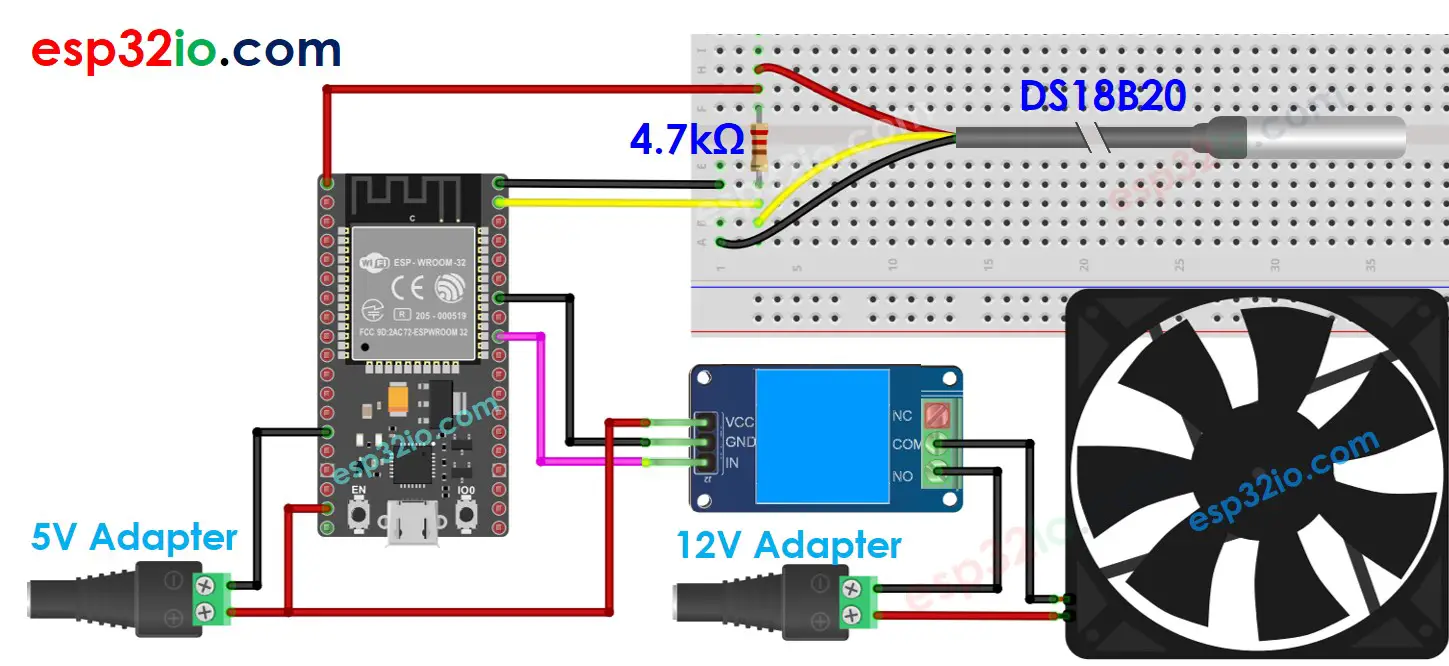 wiring diagram between esp32 ds18b20 cooling fan system