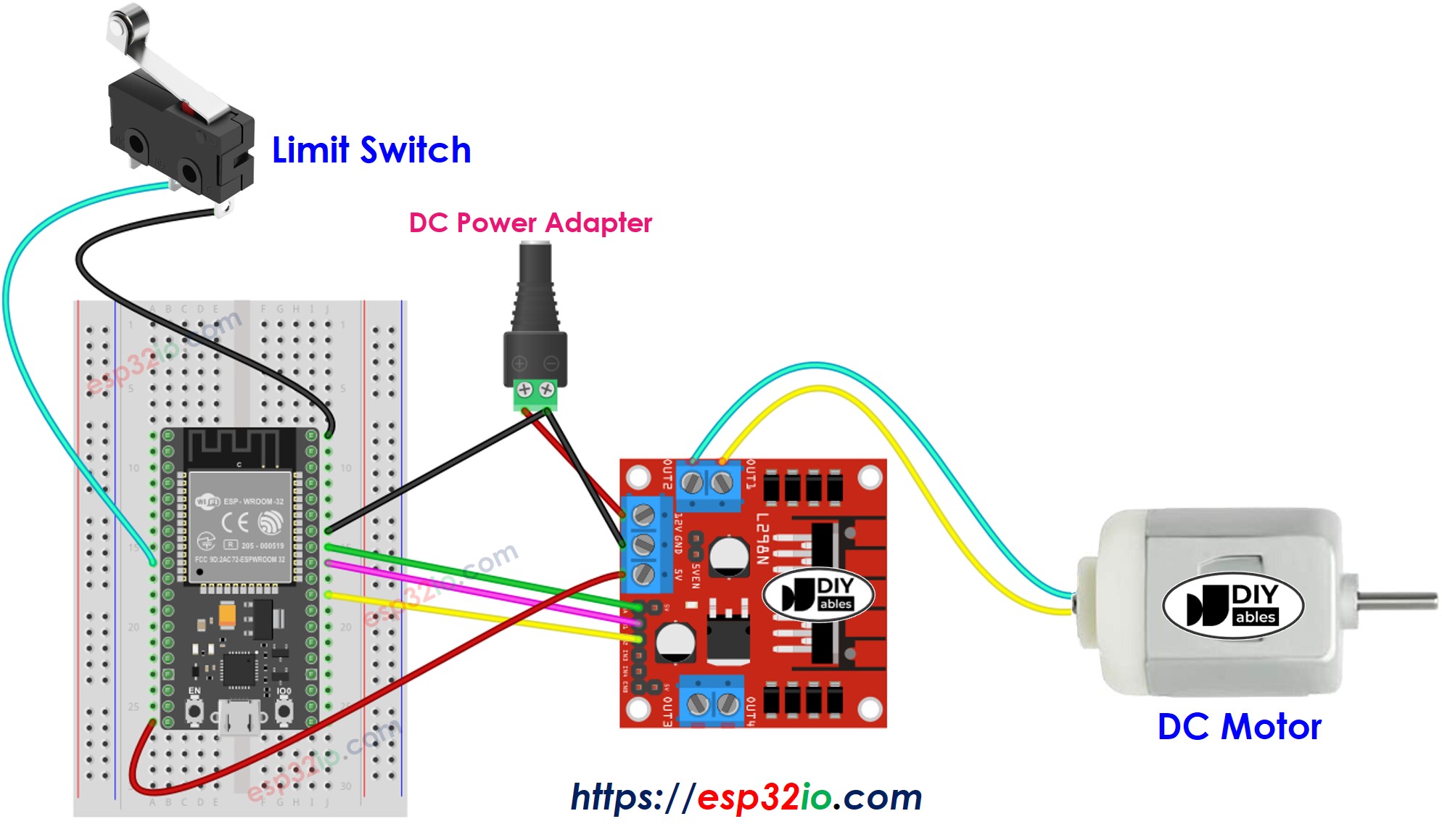 ESP32 DC motor and limit switch wiring diagram