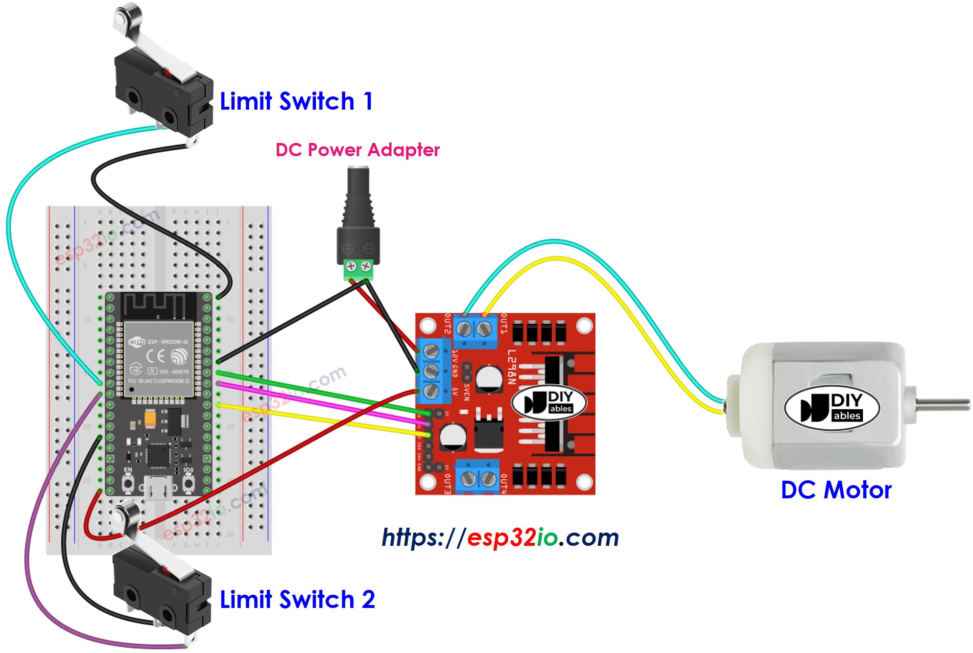 ESP32 DC motor and two limit switches wiring diagram