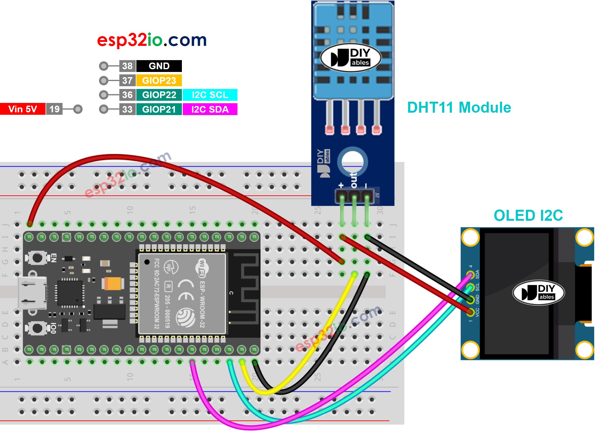 ESP32 DHT11 module OLED Wiring Diagram