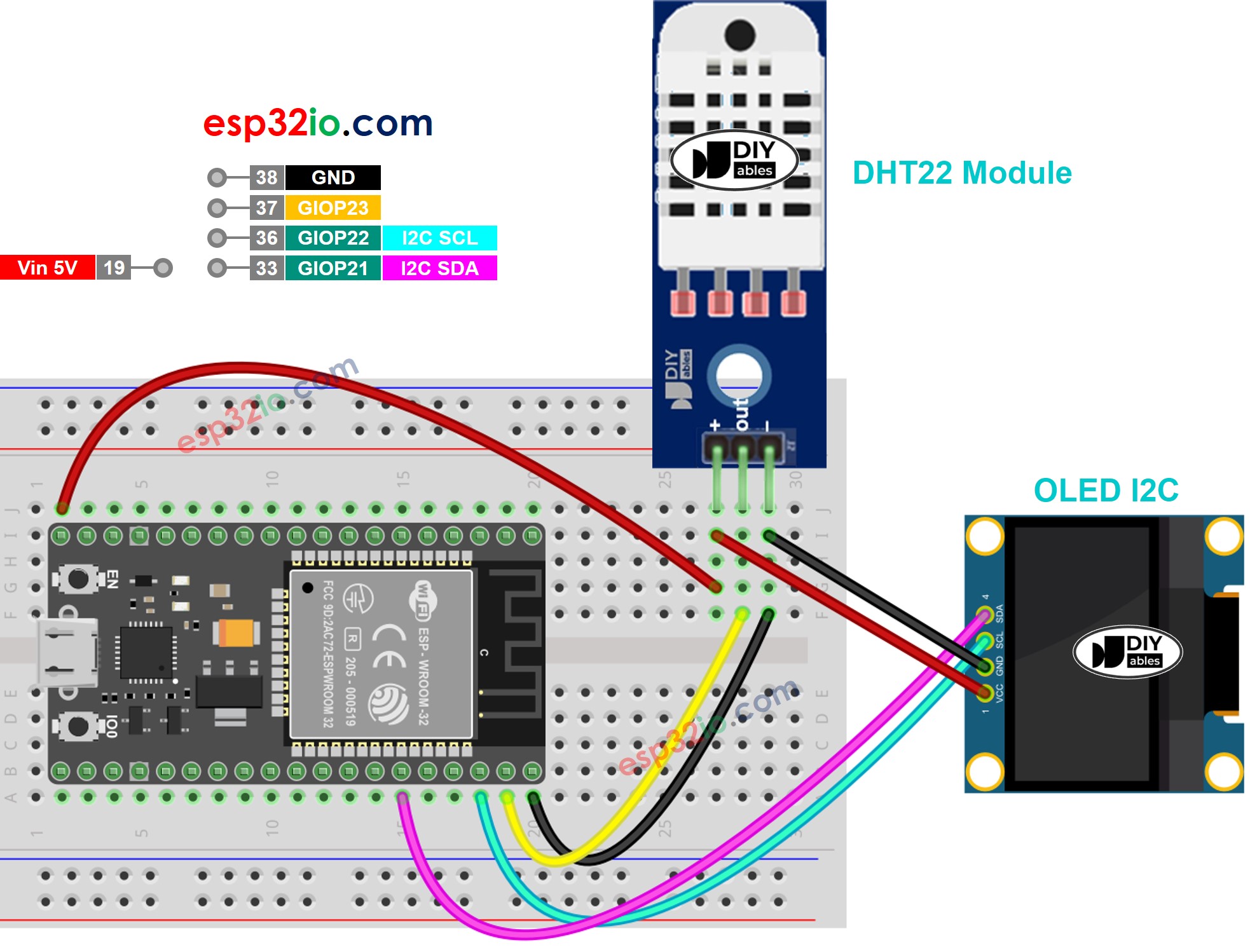 ESP32 DHT22 module OLED Wiring Diagram