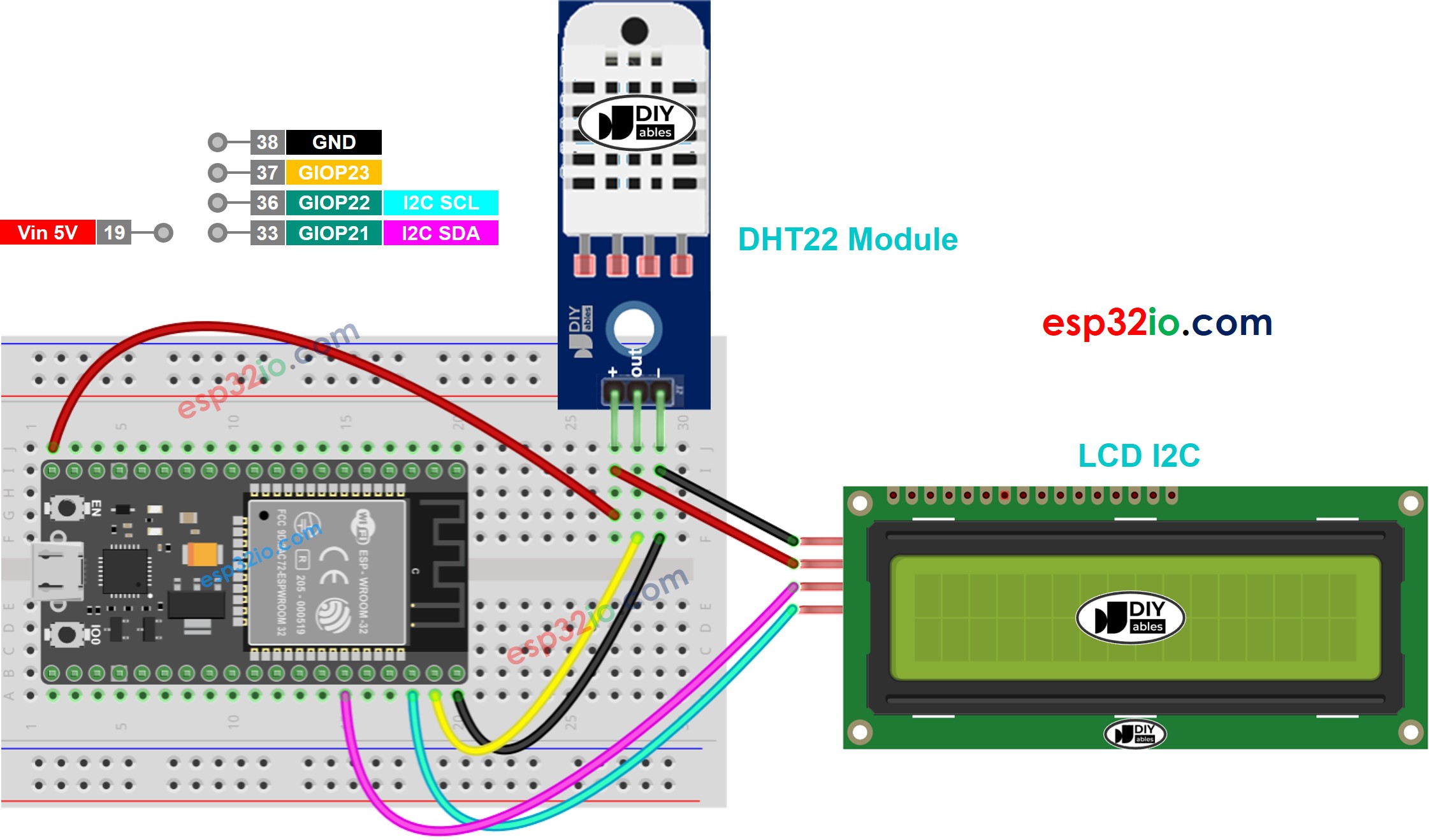 ESP32 DHT22 sensor LCD Wiring Diagram