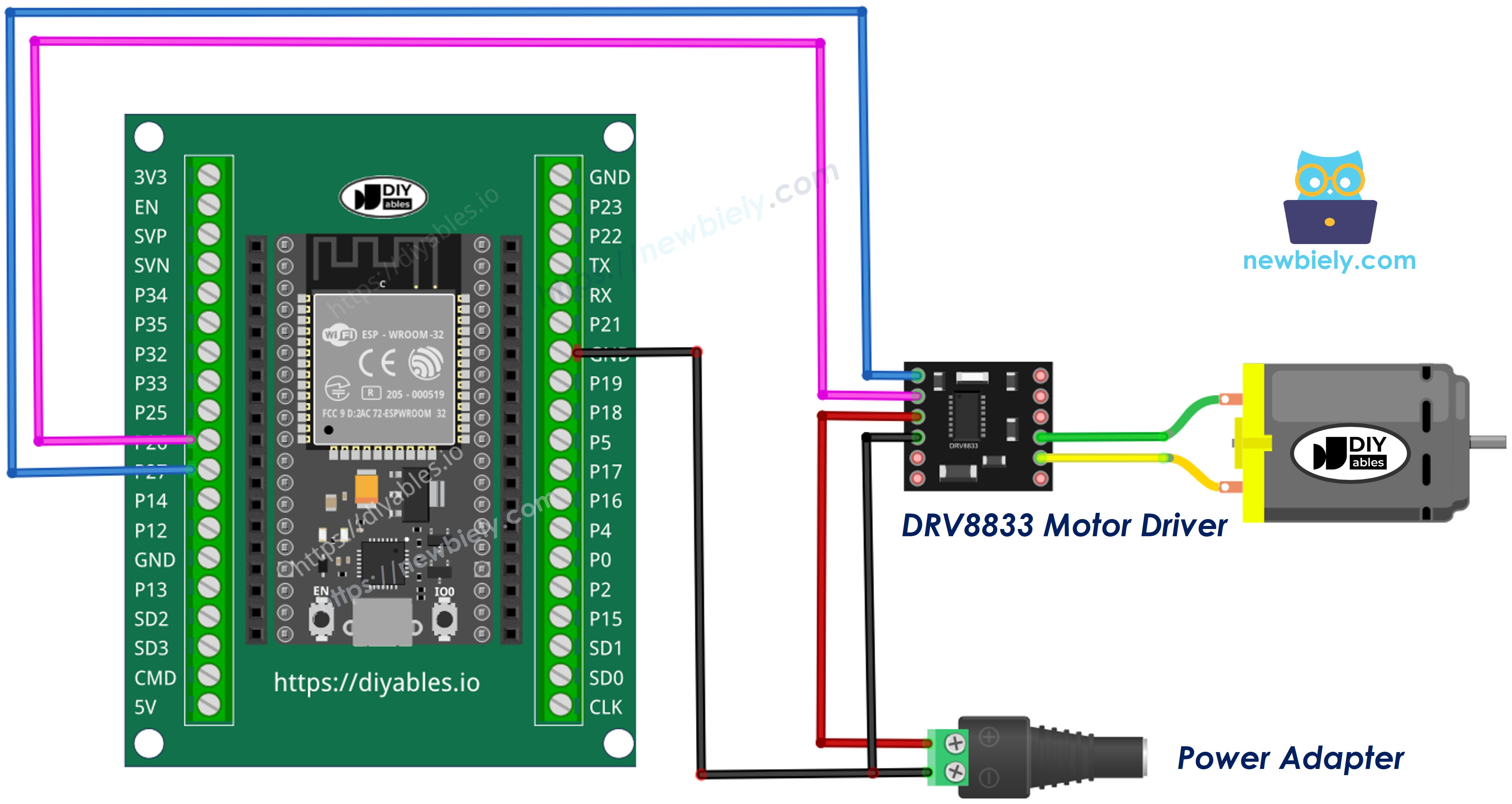 How to connect ESP32 and DRV8833 one DC motor using screw terminal block