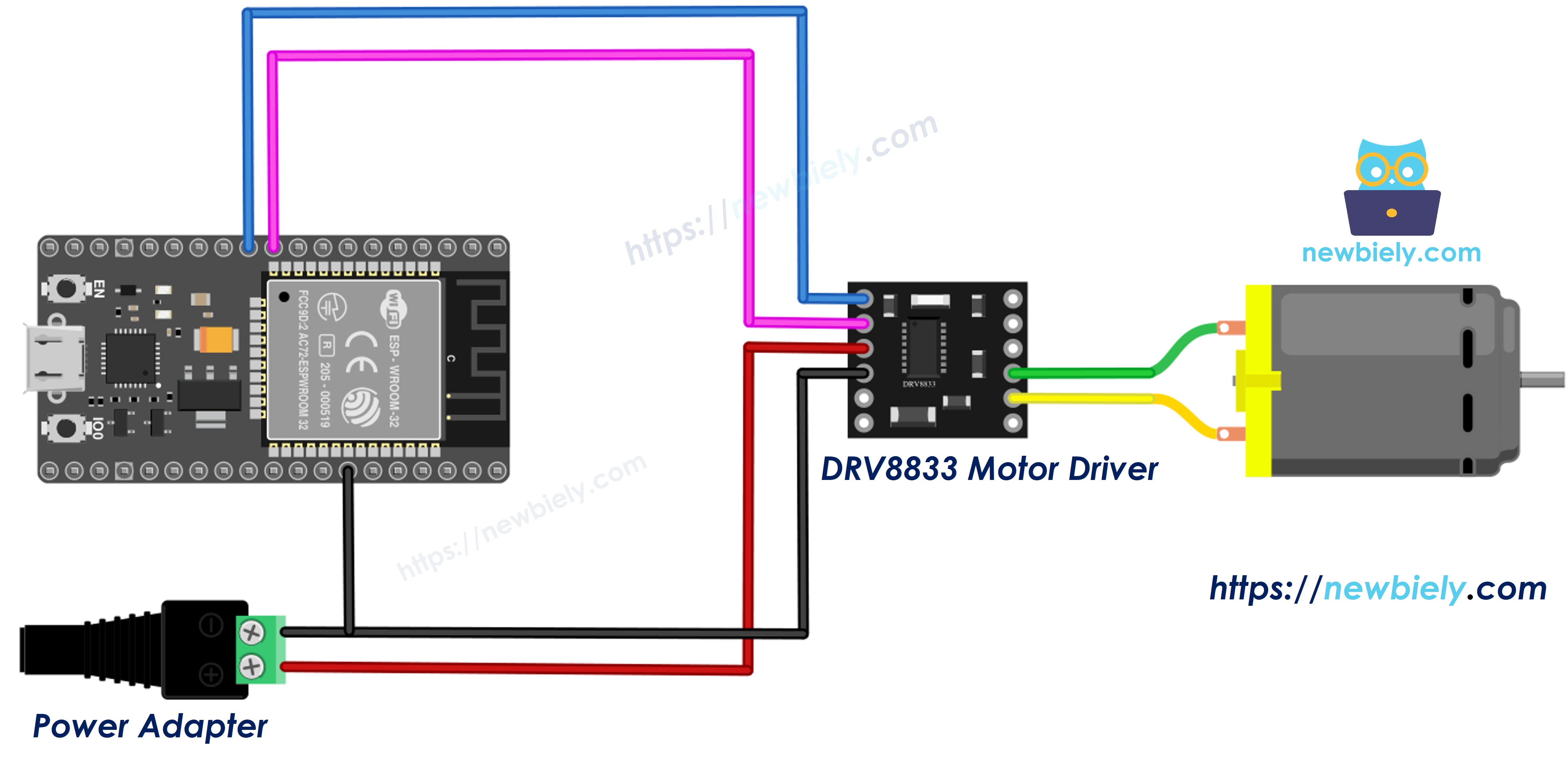 ESP32 DRV8833 one DC motor wiring diagram
