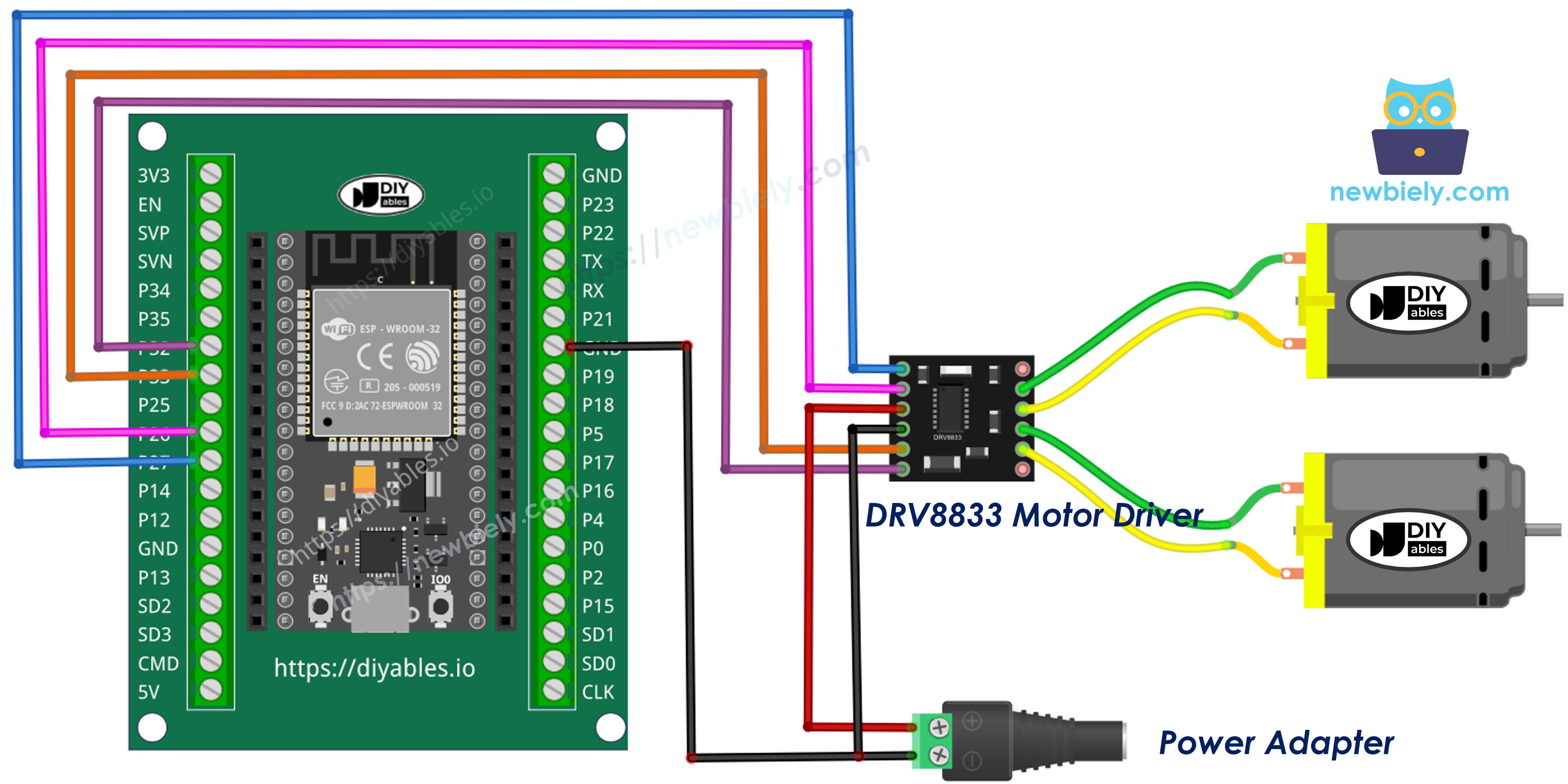 How to connect ESP32 and DRV8833 two DC motors using screw terminal block