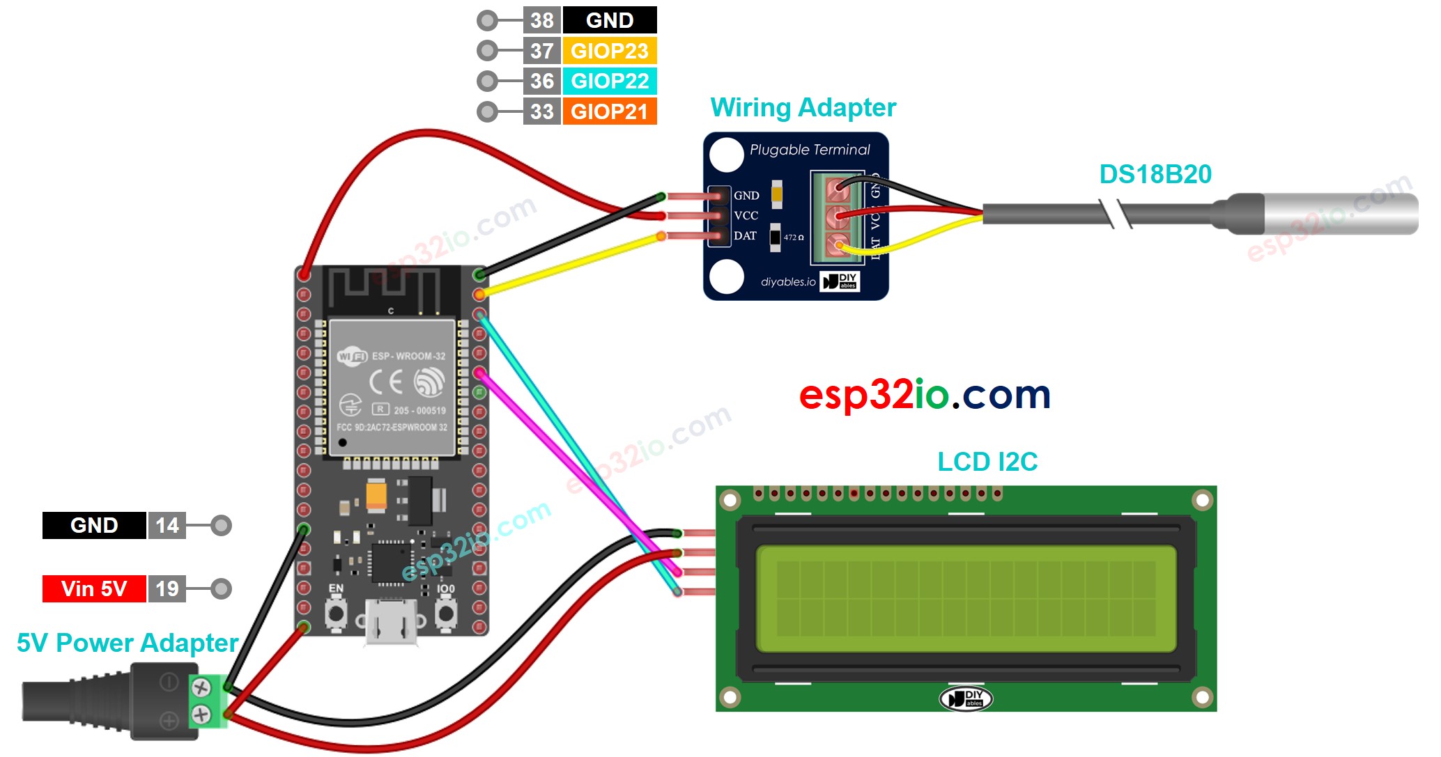 ESP32 Temperature Sensor LCD Wiring Diagram