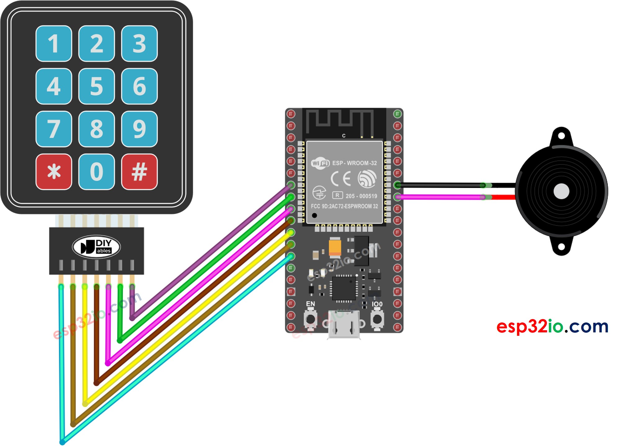 wiring diagram between esp32 keypad piezo buzzer
