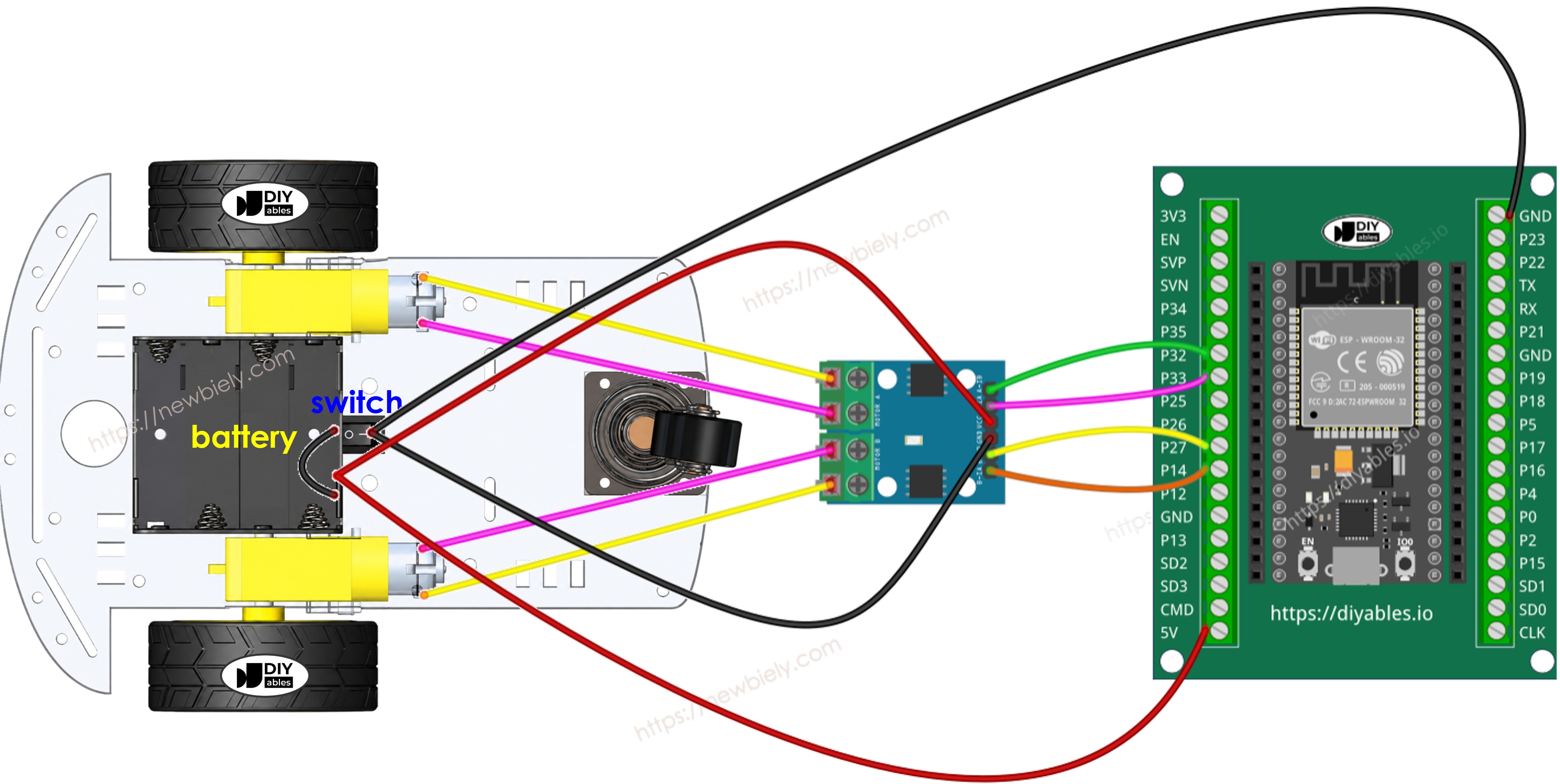 ESP32 2WD RC car wiring diagram using a screw terminal block
