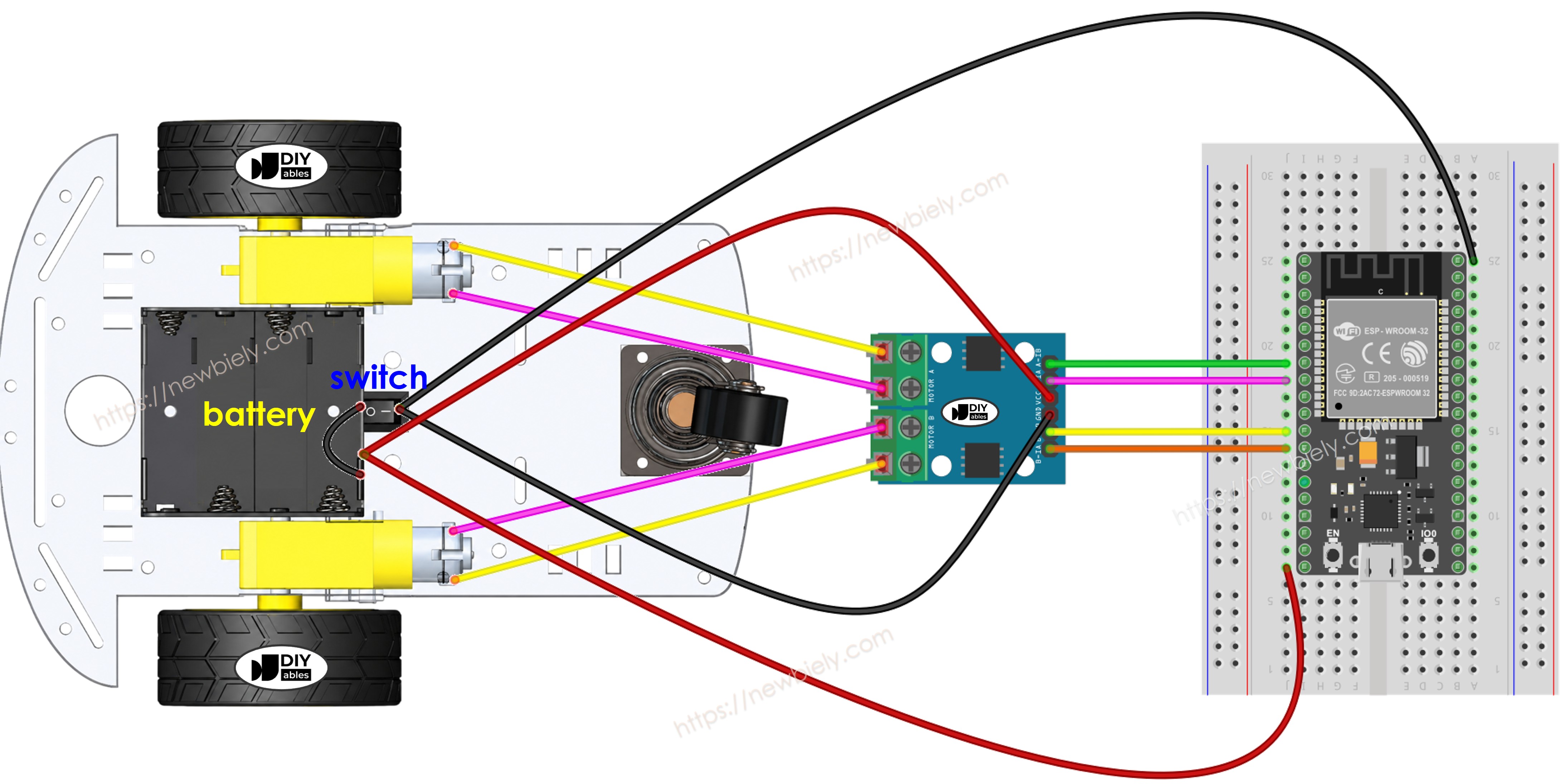 ESP32 2WD RC car wiring diagram on a breadboard