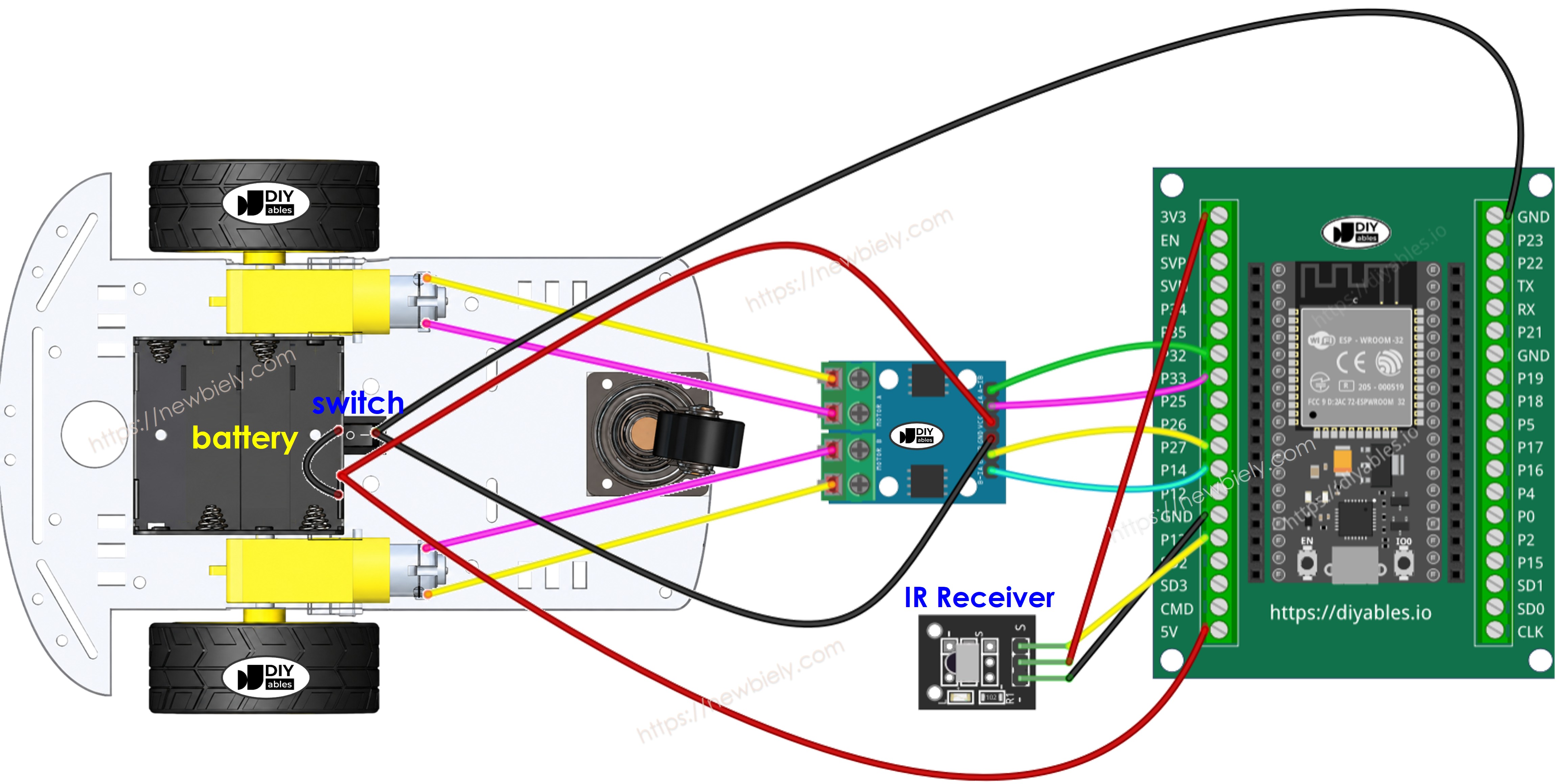 ESP32 2WD robot car wiring diagram using a screw terminal block