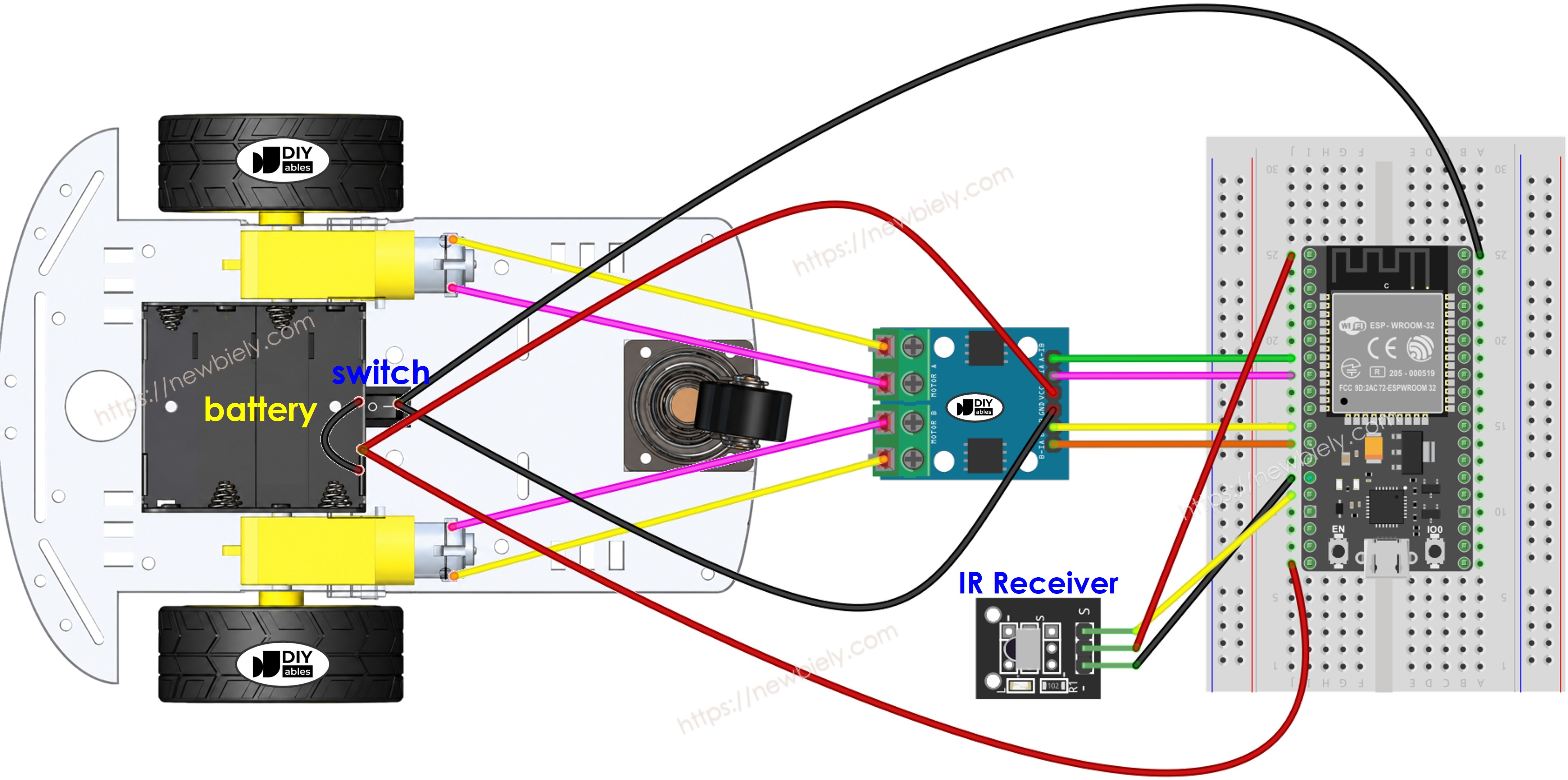 ESP32 2WD robot car wiring diagram on a breadboard