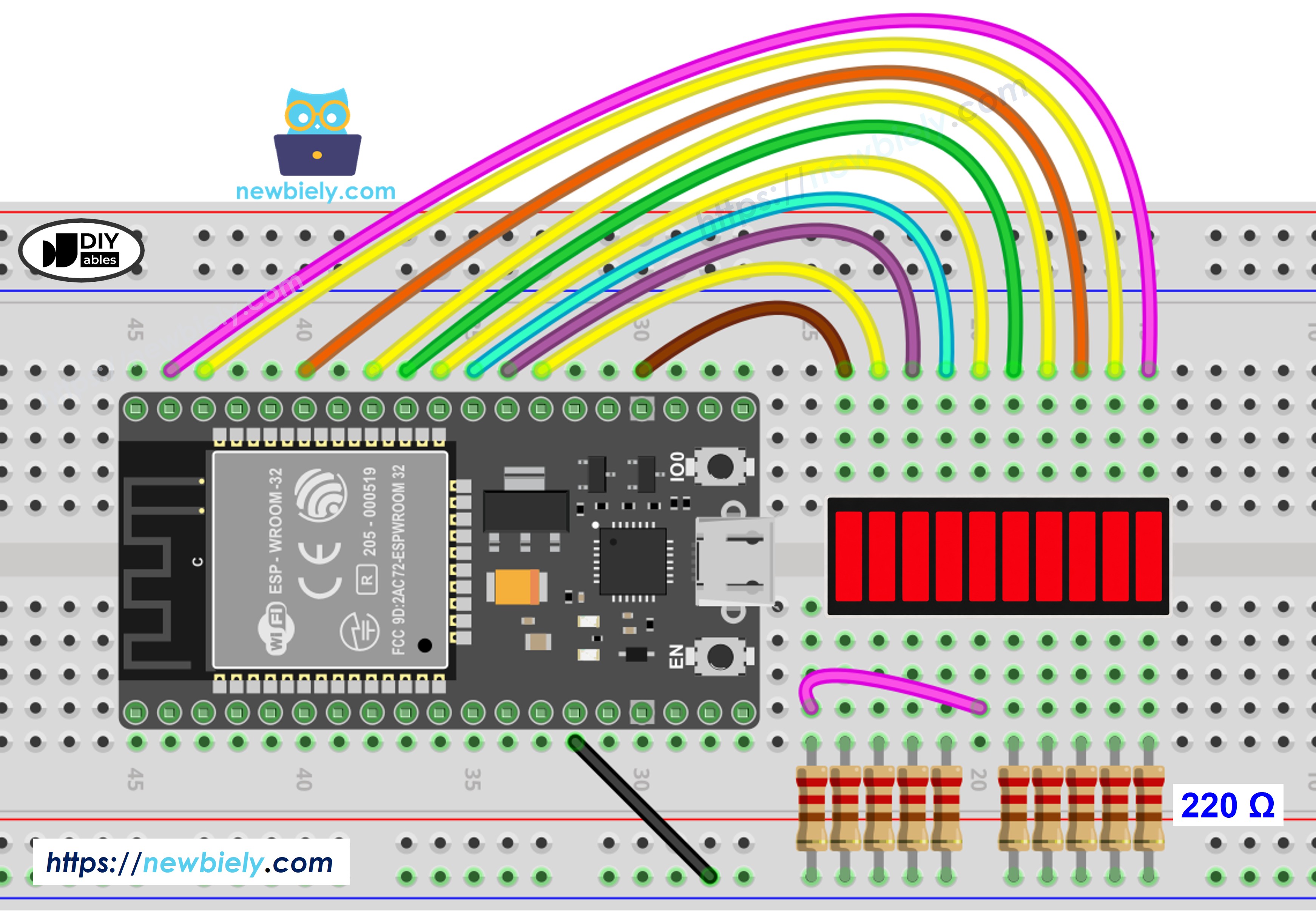 ESP32 LED Bar Graph Wiring Diagram - Breadboard