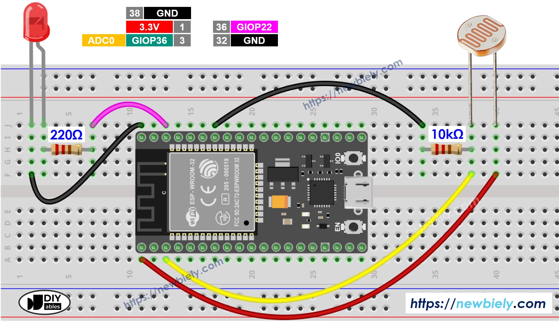 ESP32 Light Sensor LED Wiring Diagram