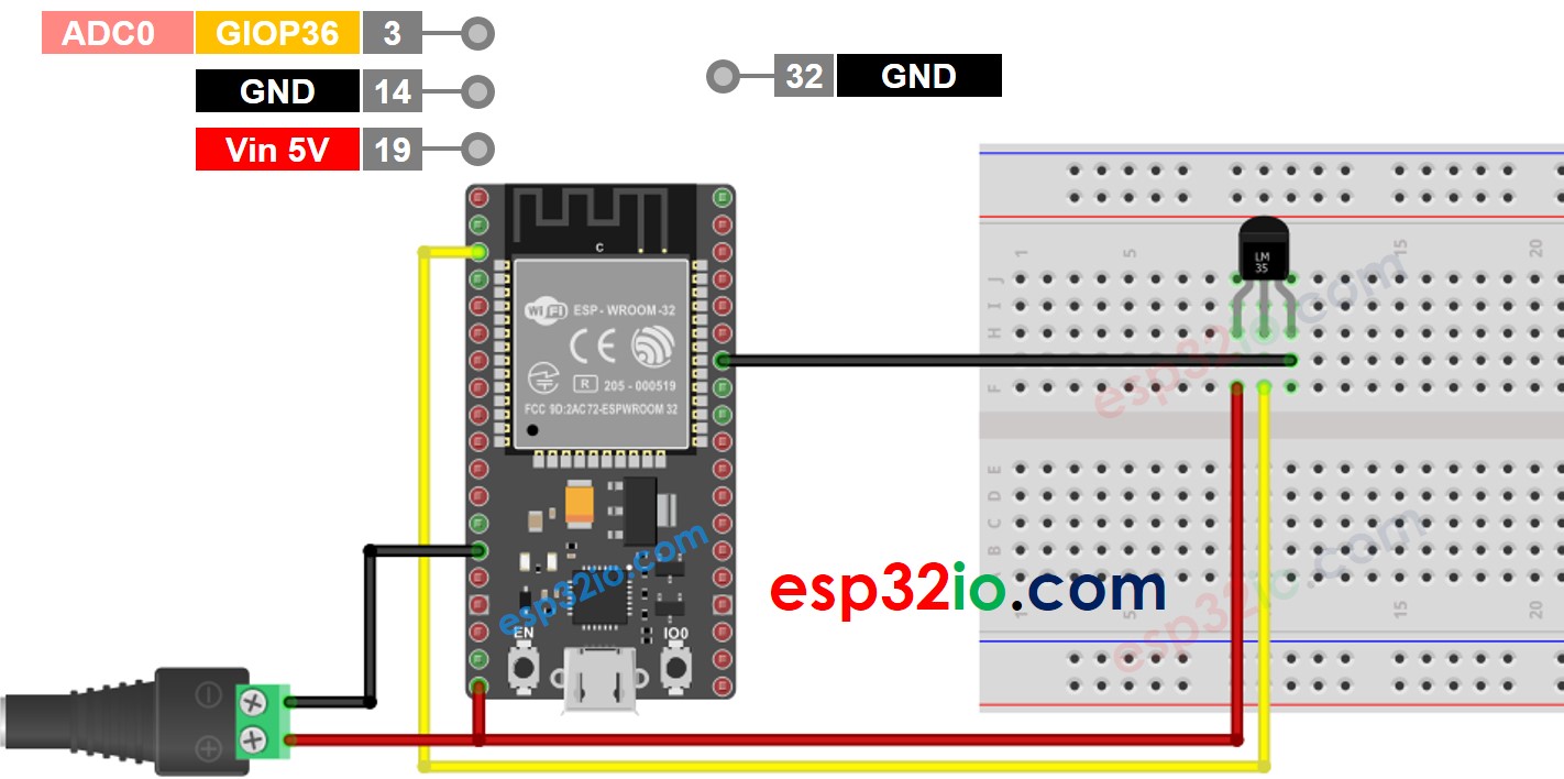 wiring diagram between esp32 lm35 temperature sensor