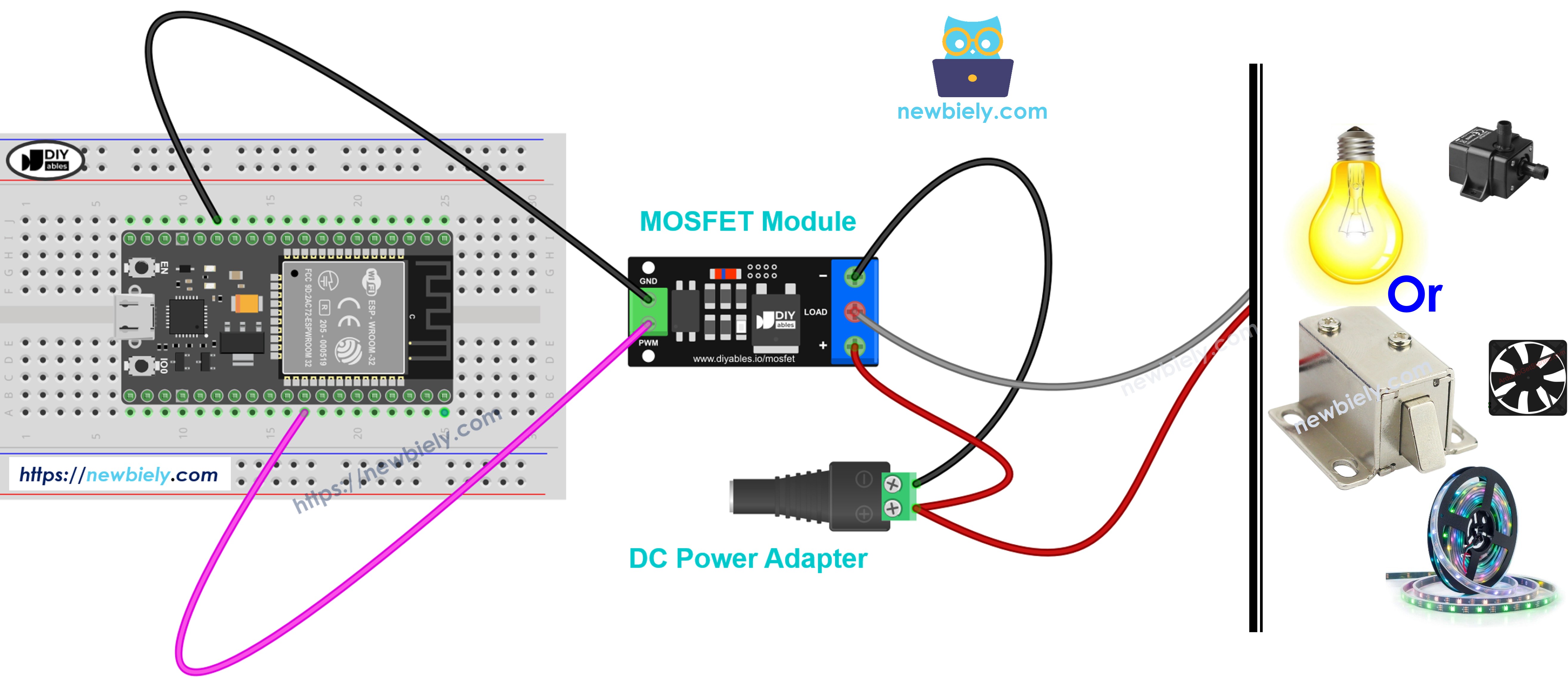 ESP32 Wiring Diagram with AOD4184, LR7843 or FR120N MOSFET Module