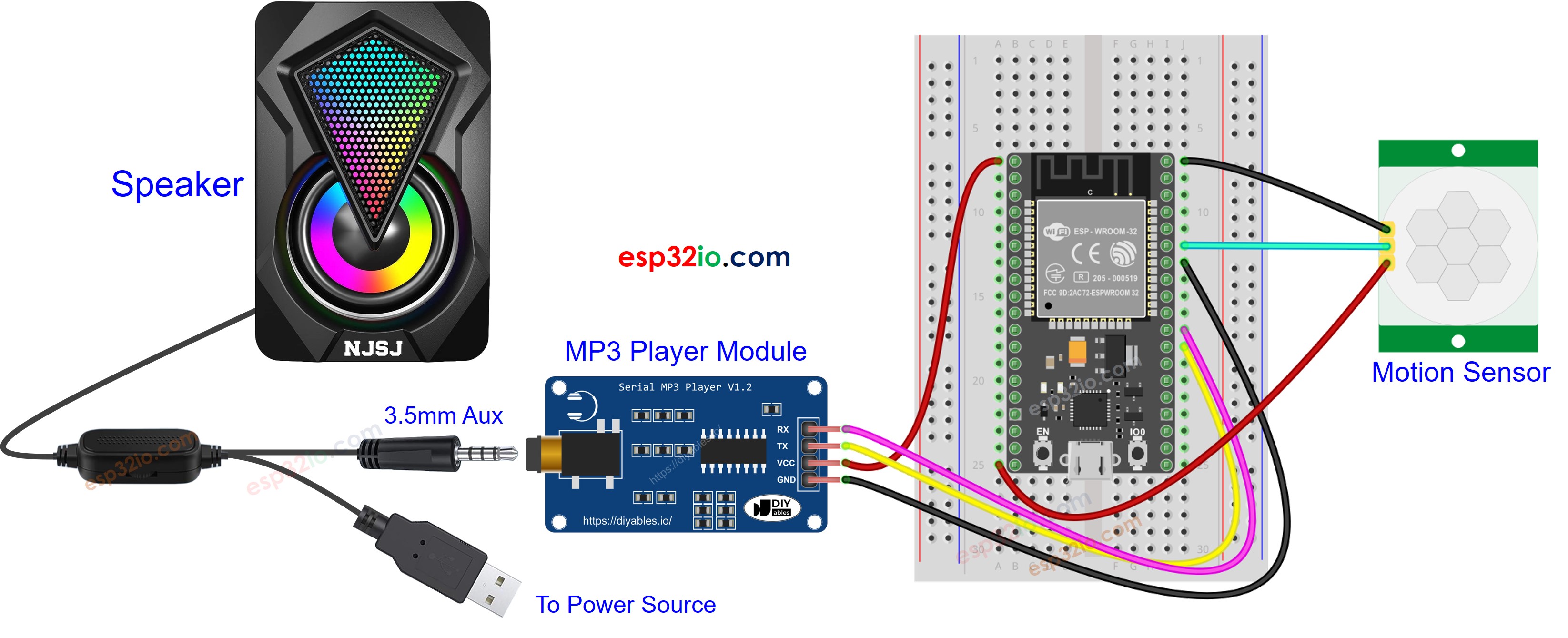 ESP32 Motion Sensor MP3 Player Wiring Diagram