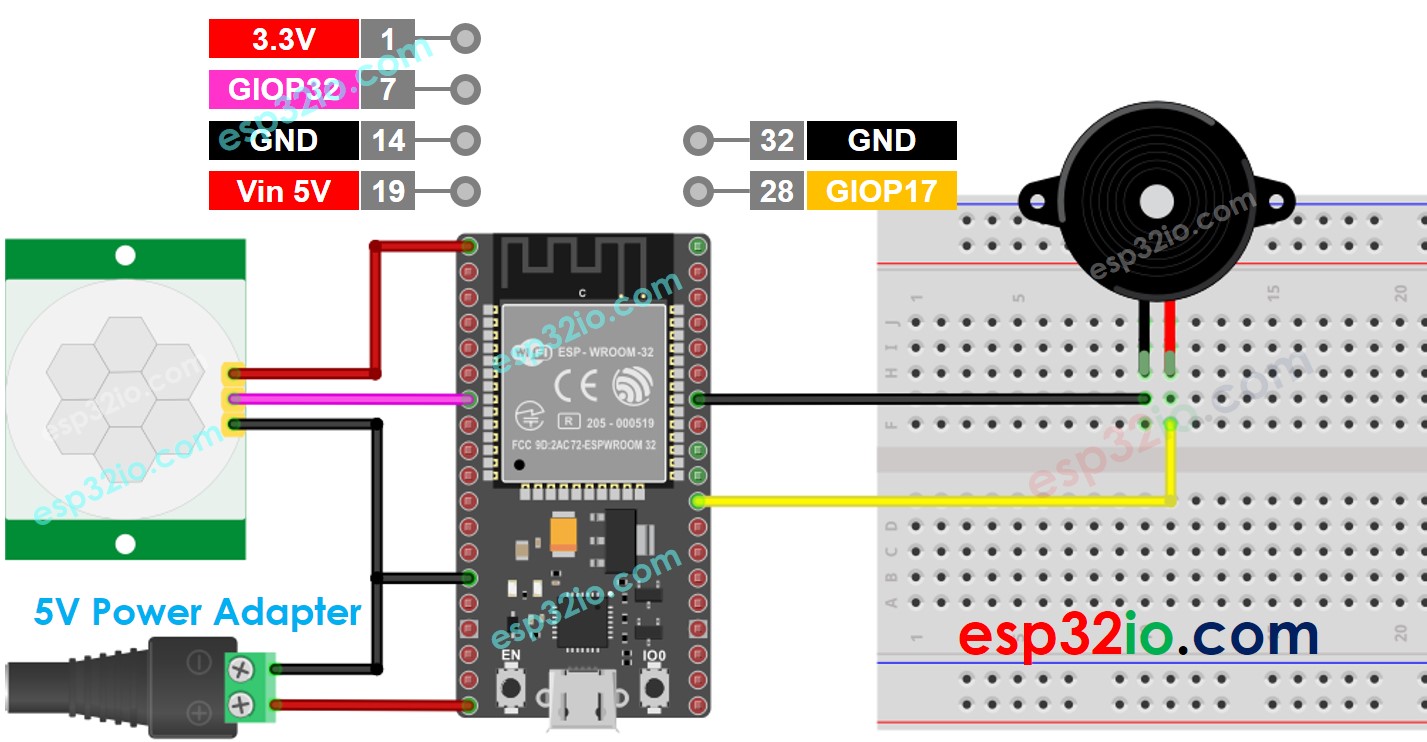 wiring diagram between esp32 motion sensor piezo buzzer  5v power adapter