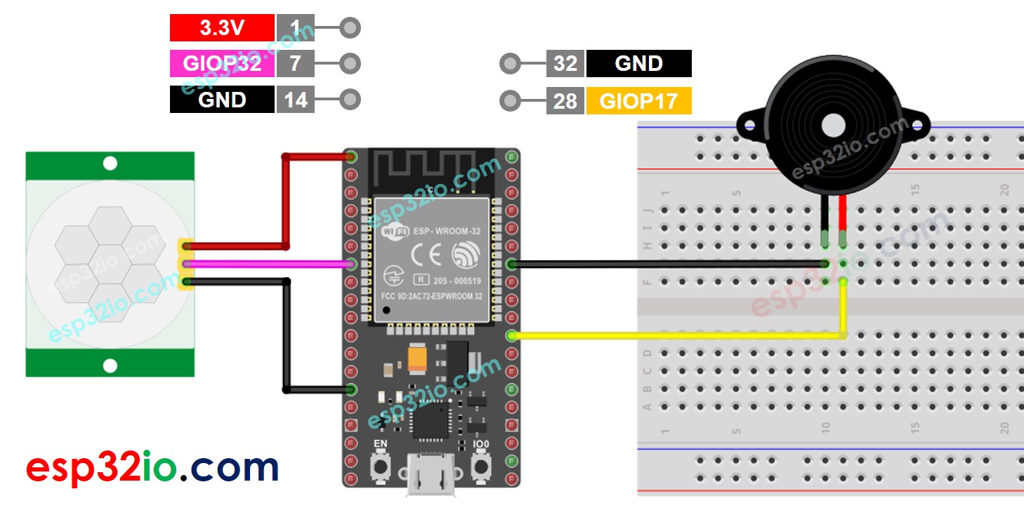 wiring diagram between esp32 motion sensor piezo buzzer