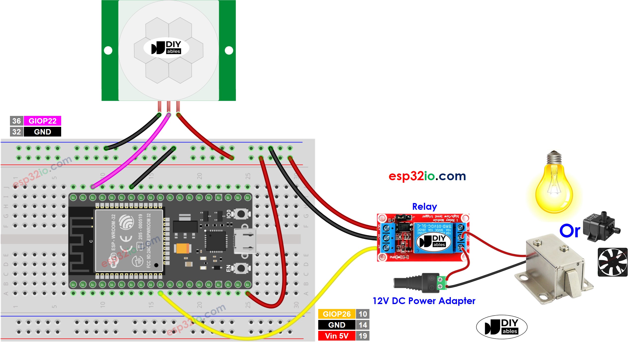wiring diagram between esp32 motion sensor relay