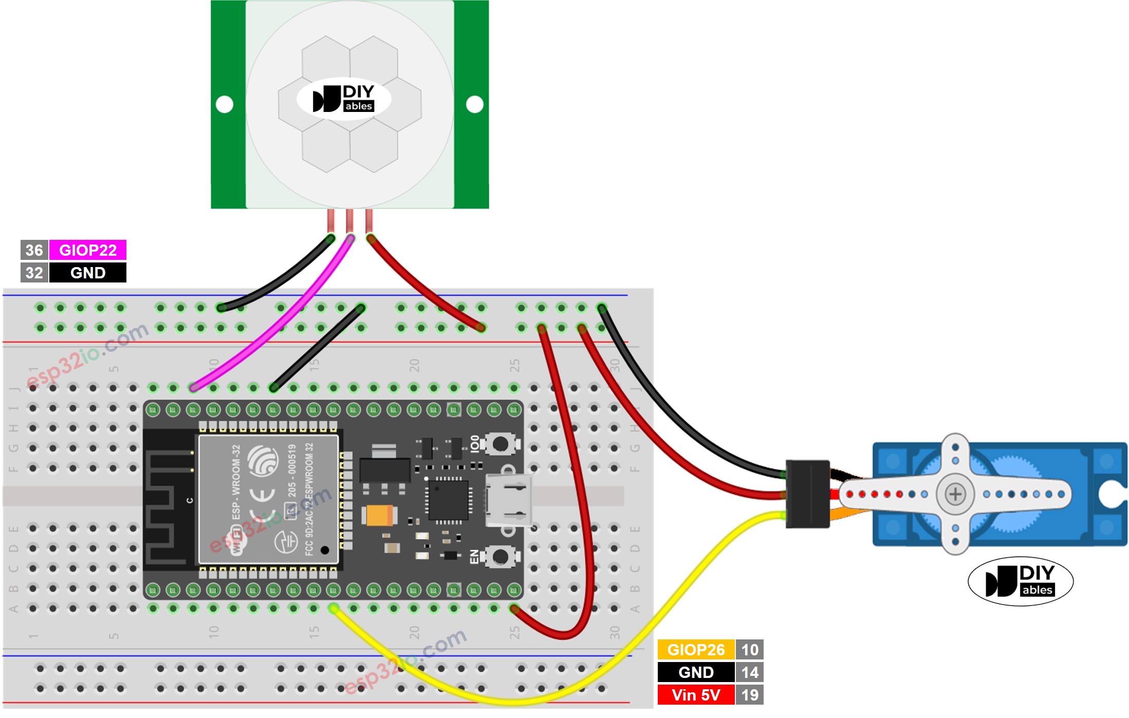 wiring diagram between esp32 motion sensor servo motor