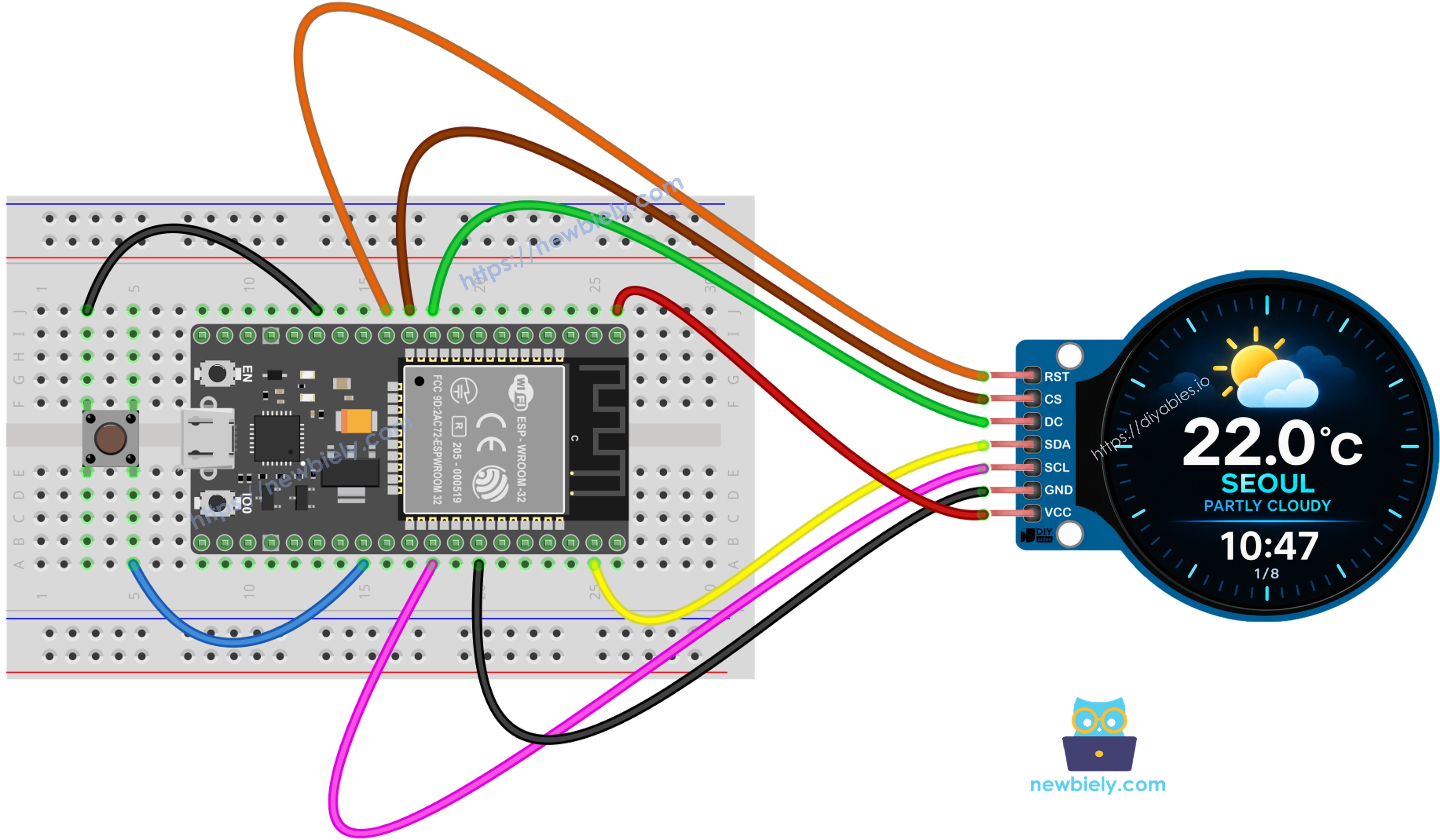 ESP32 smart weather station wiring diagram with push button