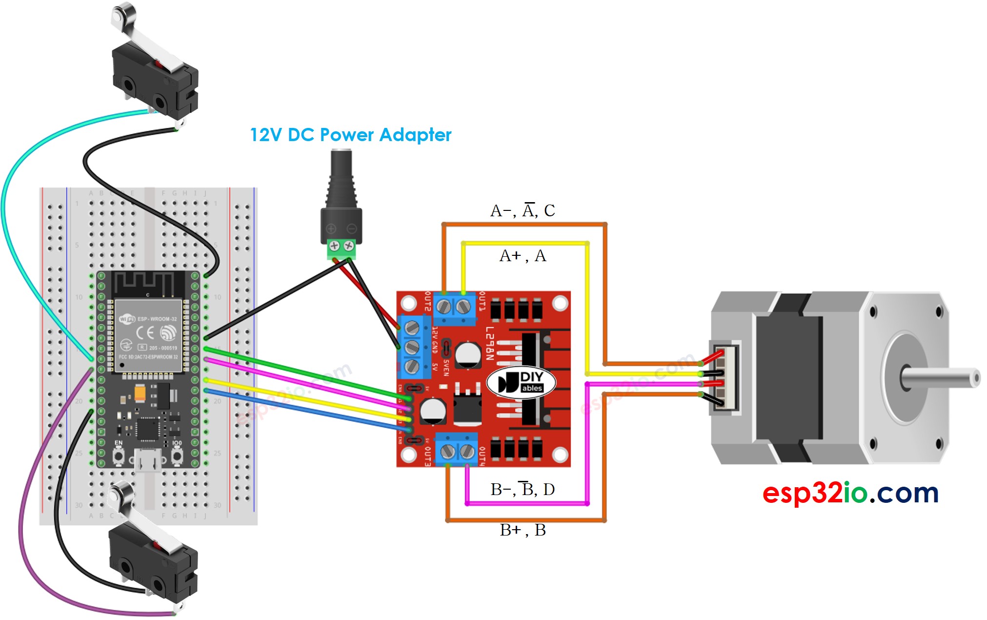 ESP32 stepper motor and two limit switches wiring diagram