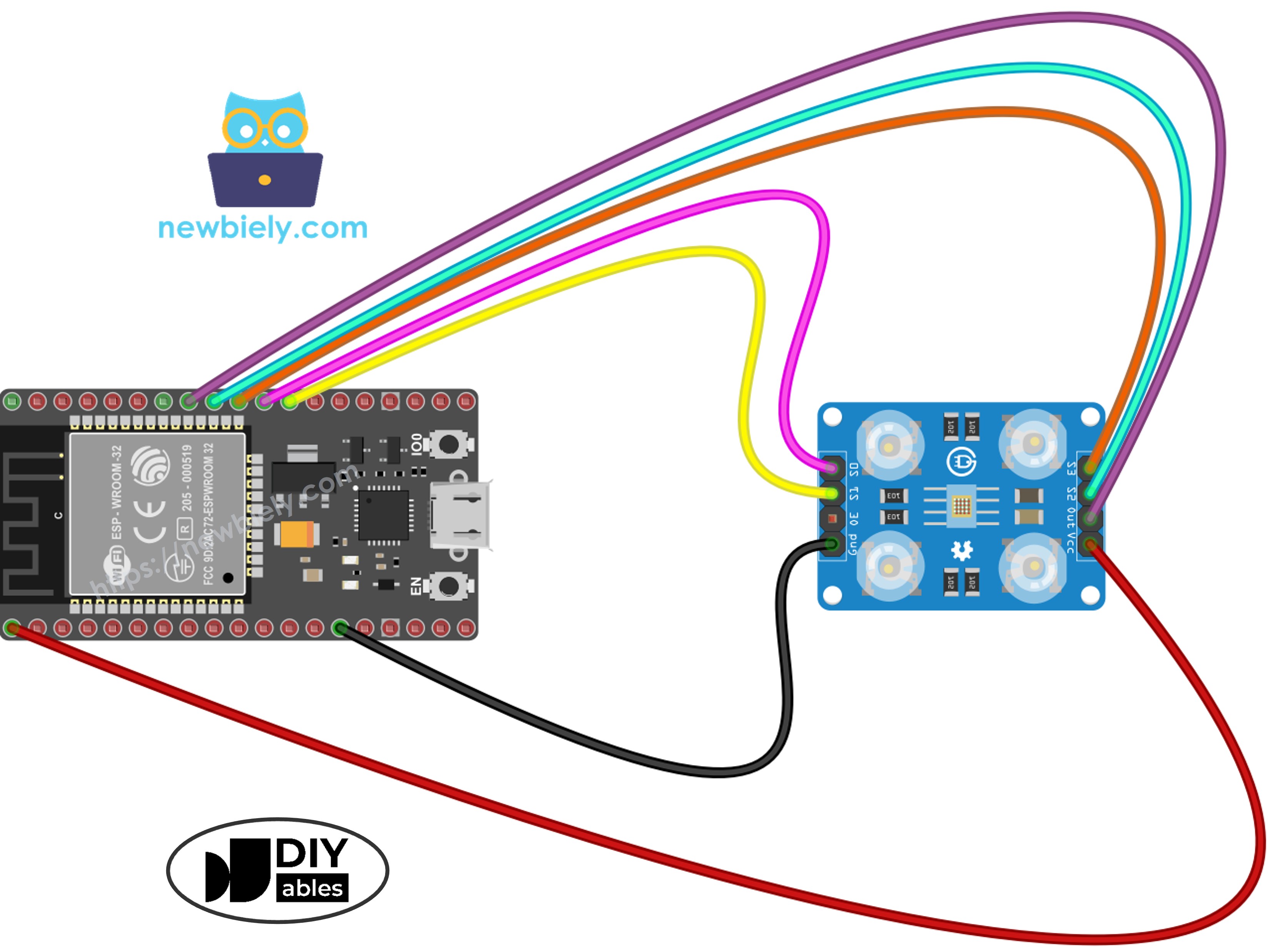 ESP32 and TCS3200 color sensor wiring diagram showing connection between pins