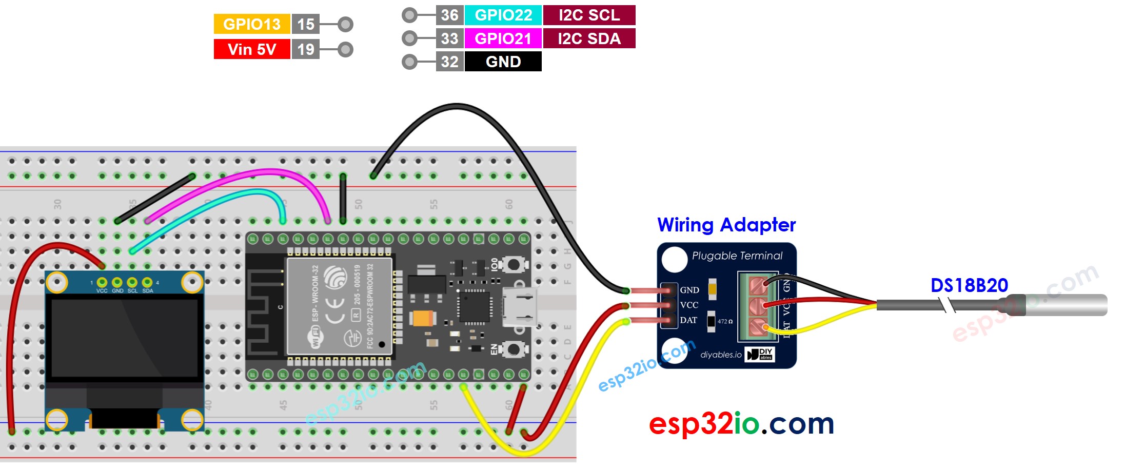 ESP32 DS18B20 Temperature Sensor OLED Wiring Diagram