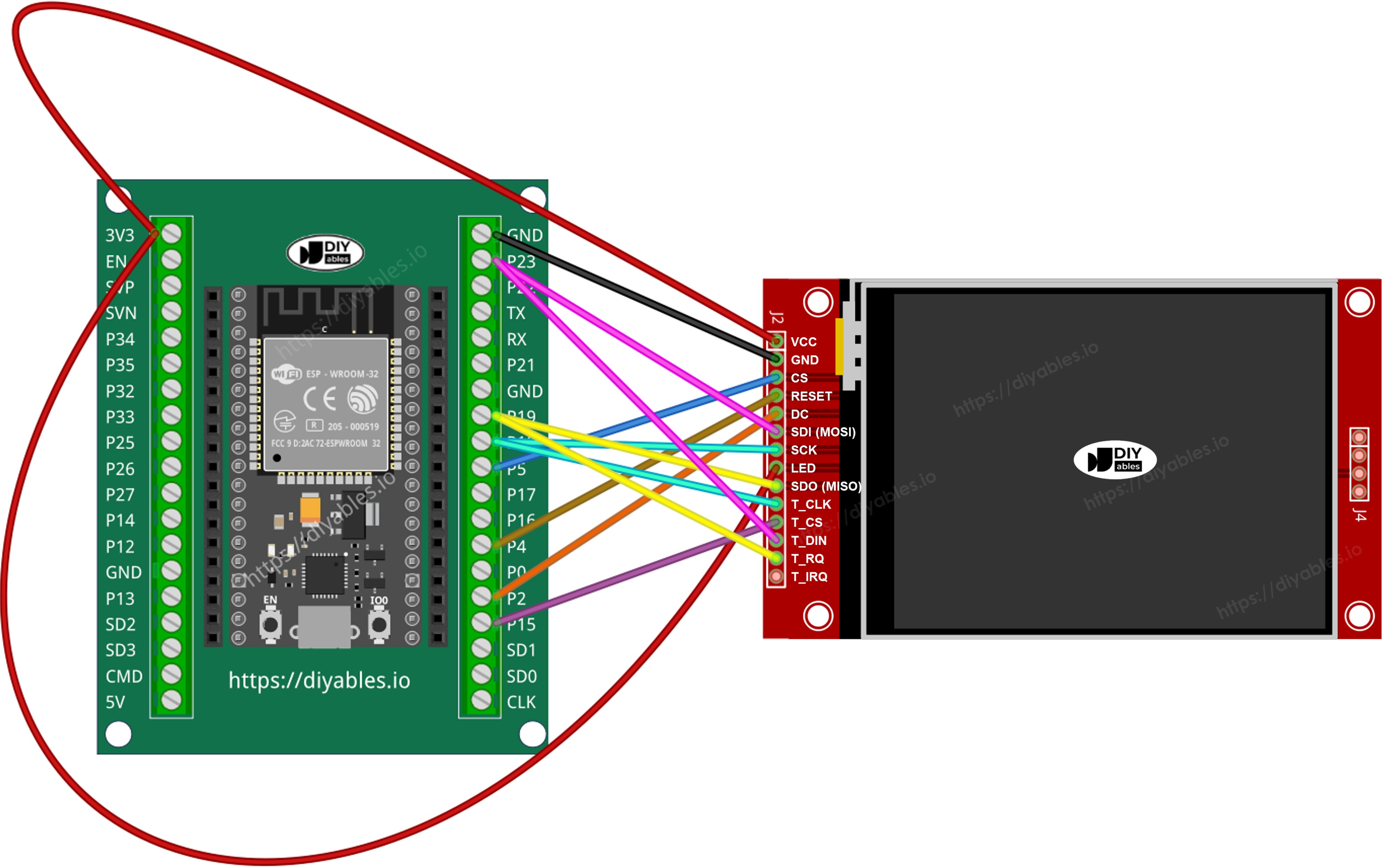 ESP32 TFT SPI Display wiring diagram with touch using screw terminal block