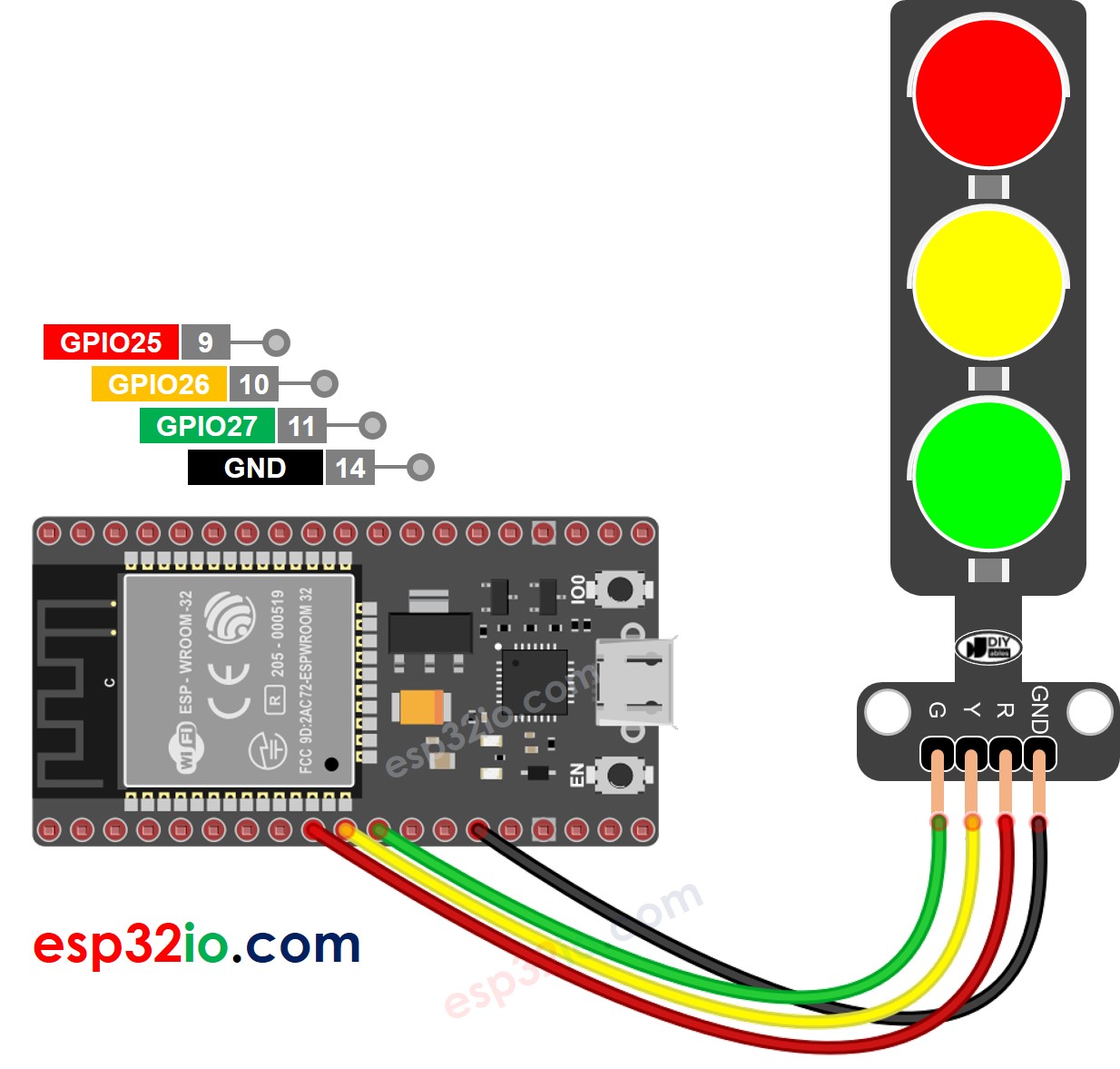 ESP32 traffic light Wiring Diagram