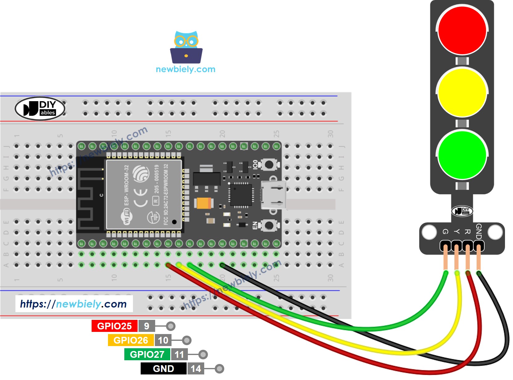 ESP32 traffic light Wiring Diagram