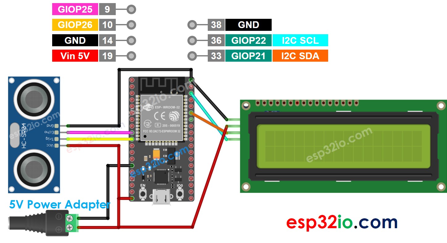wiring diagram between esp32 ultrasonic lcd