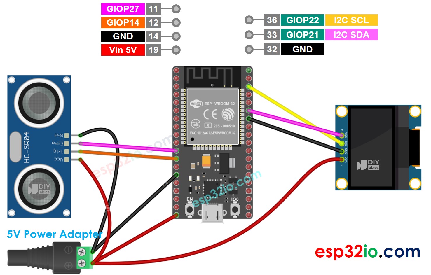 ESP32 Ultrasonic sensor OLED 5V power wiring diagram