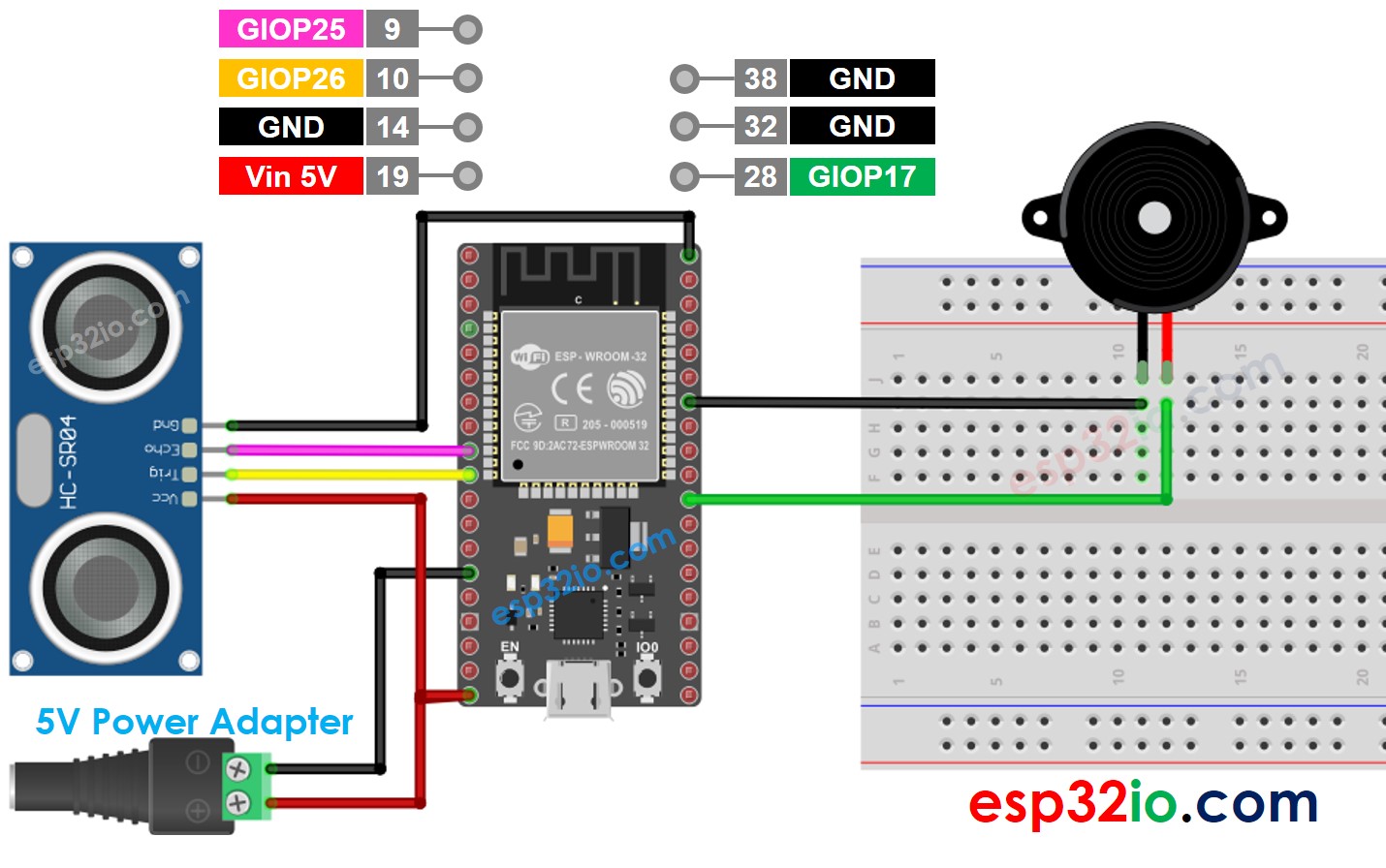 wiring diagram between esp32 ultrasonic sensor piezo buzzer  5v power adapter