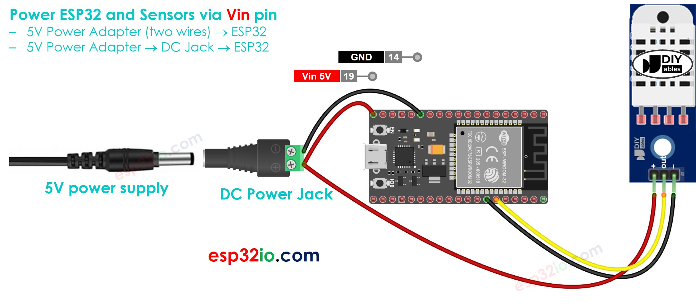 how to power ESP32 and sensors via Vin pin
