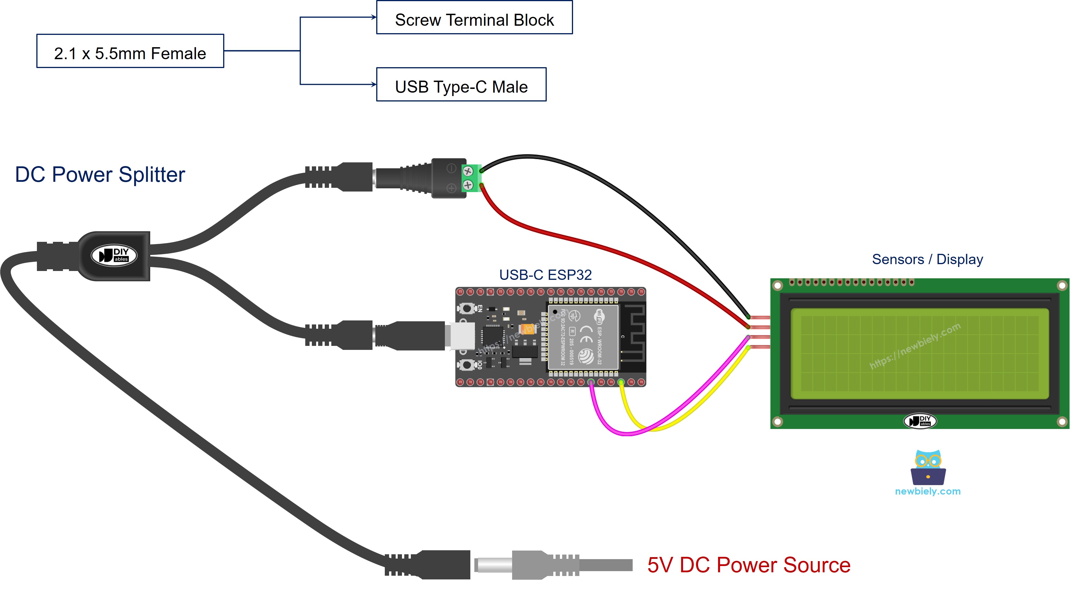 how to power ESP32 and sensors with 5V power splitter